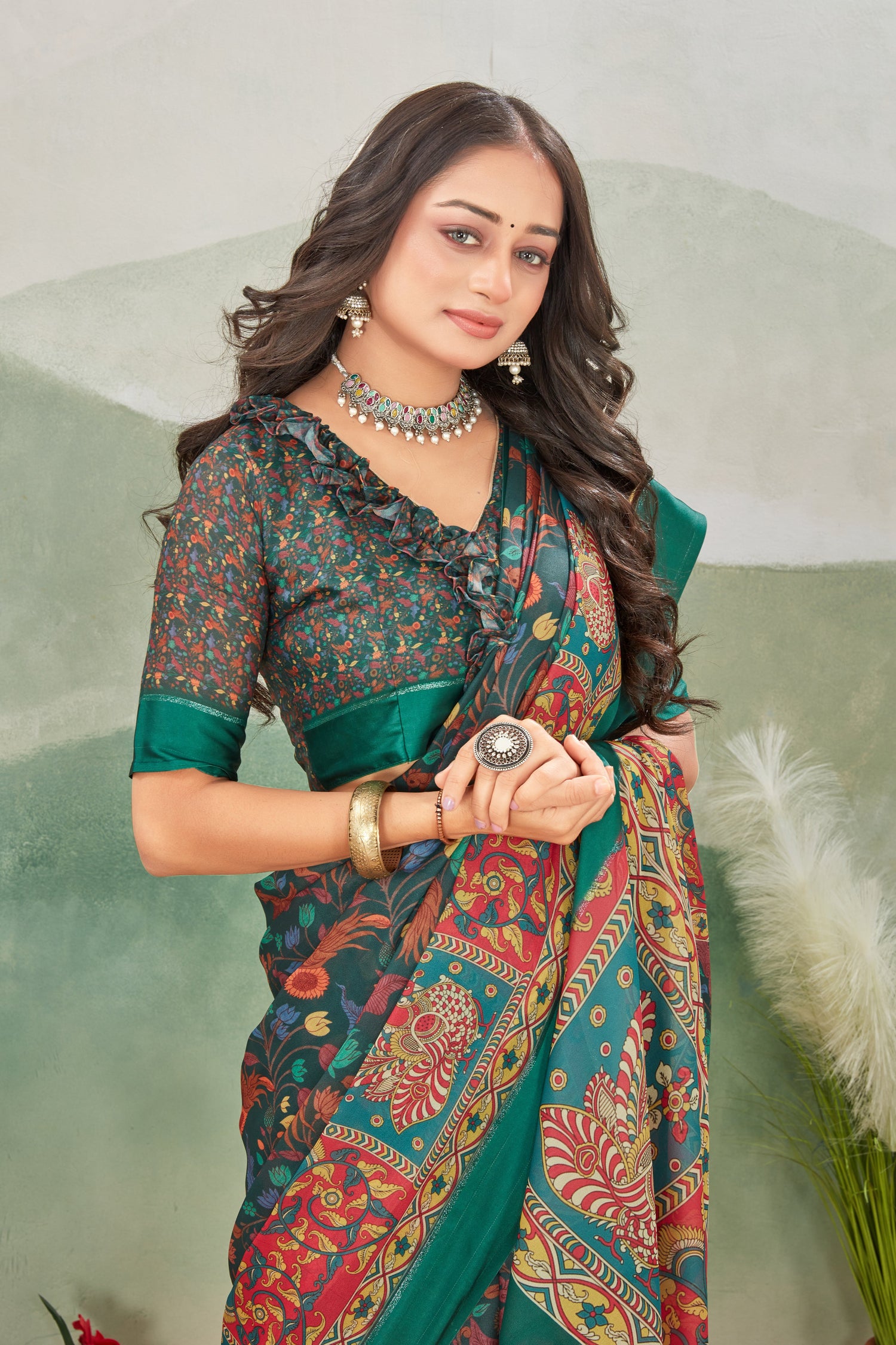 Traditional Yet Modern Parrot Green Viscose Satin Printed Saree For Parties And Ceremonies