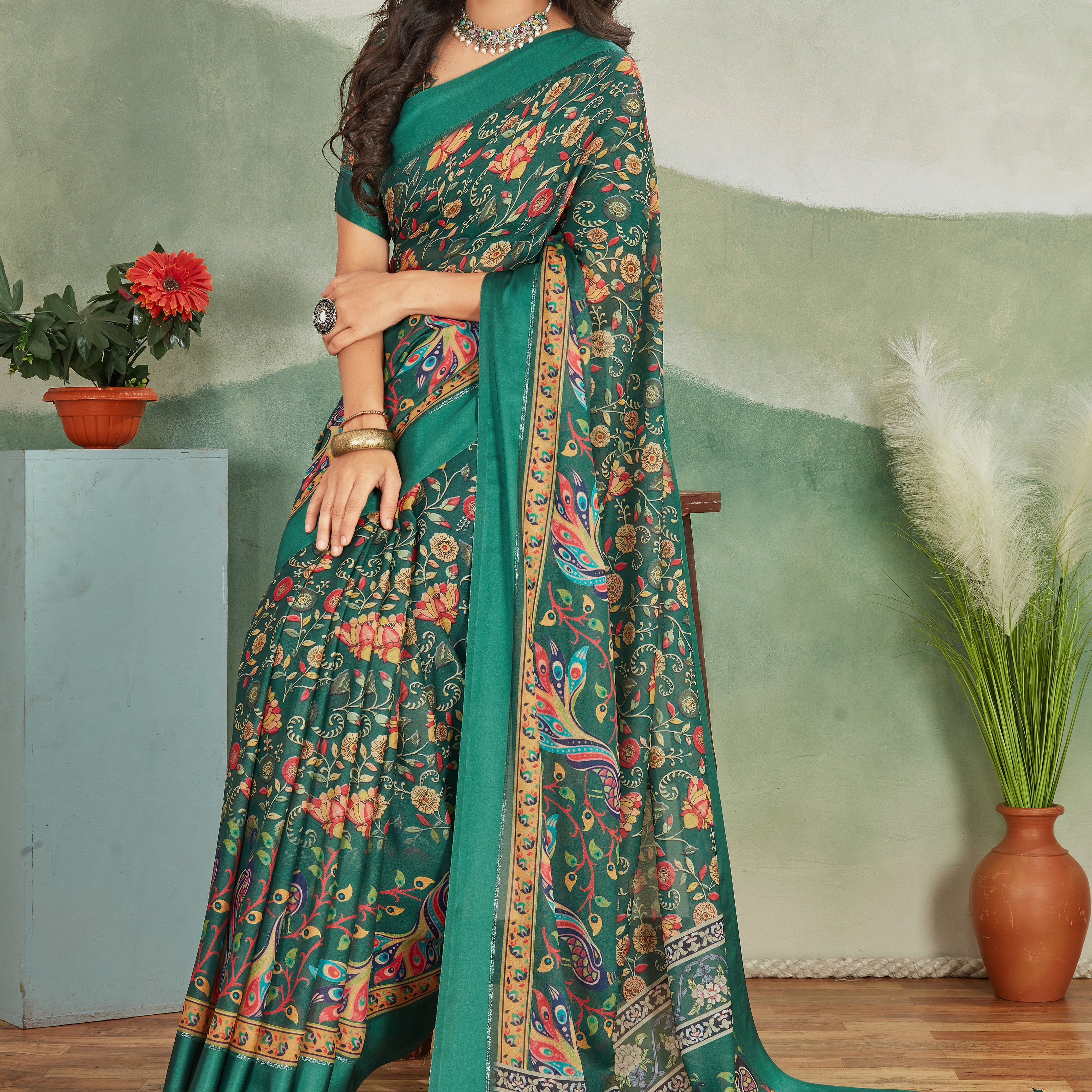 Elegant Pure Viscose Satin Saree with Stunning Border in Dark Green