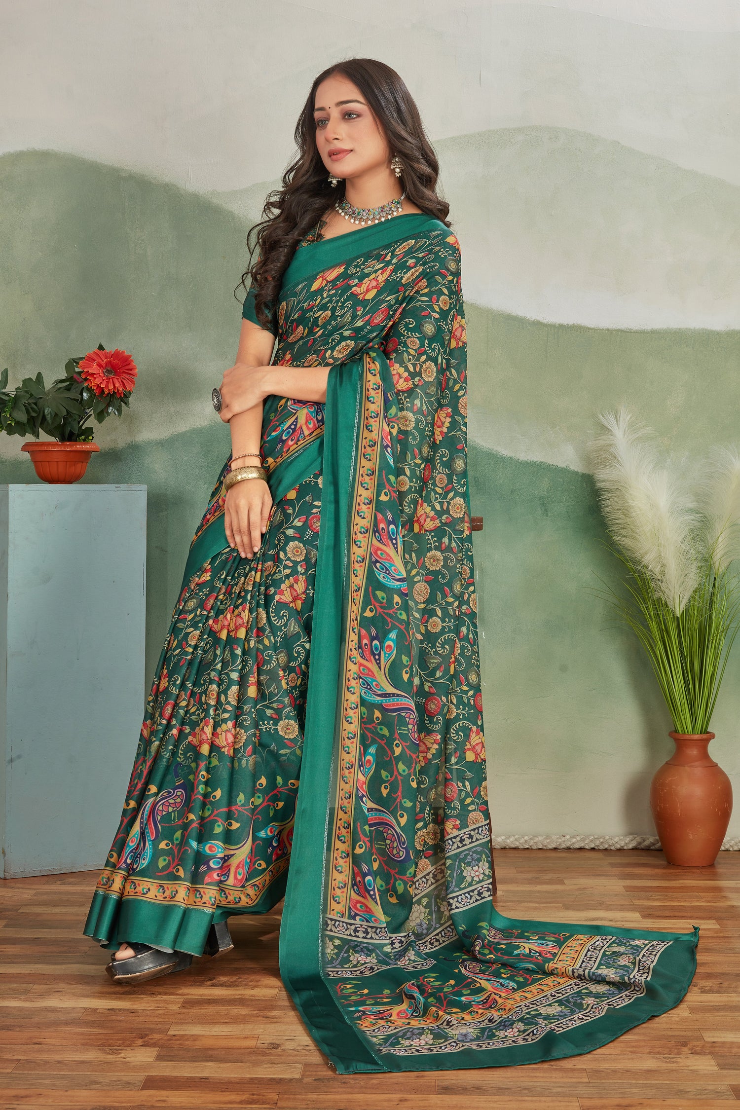 Soft Viscose Satin Saree In Dark Green With Bold Digital Prints Comes With Fancy Blouse Piece