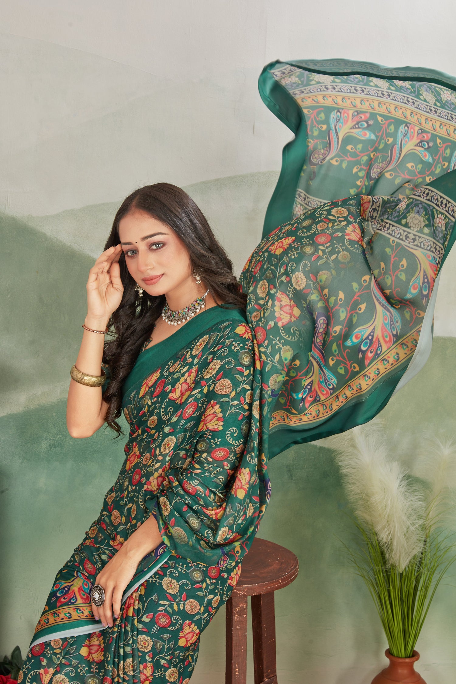 Soft Viscose Satin Saree In Dark Green With Bold Digital Prints Comes With Fancy Blouse Piece