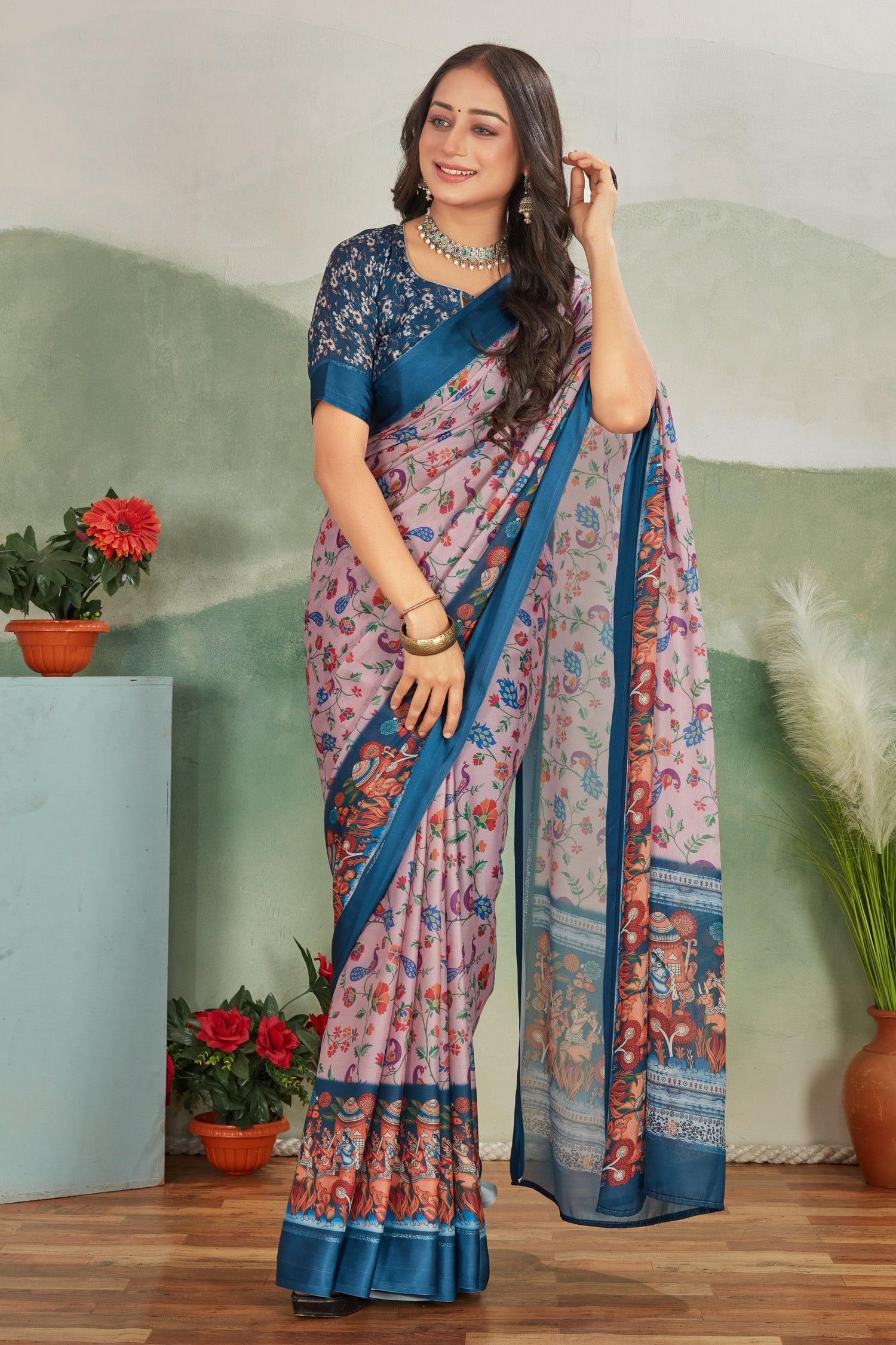 Authentic Kalamkari Print Mysore Silk Saree In Salmon Pink Ideal For Festive Wear