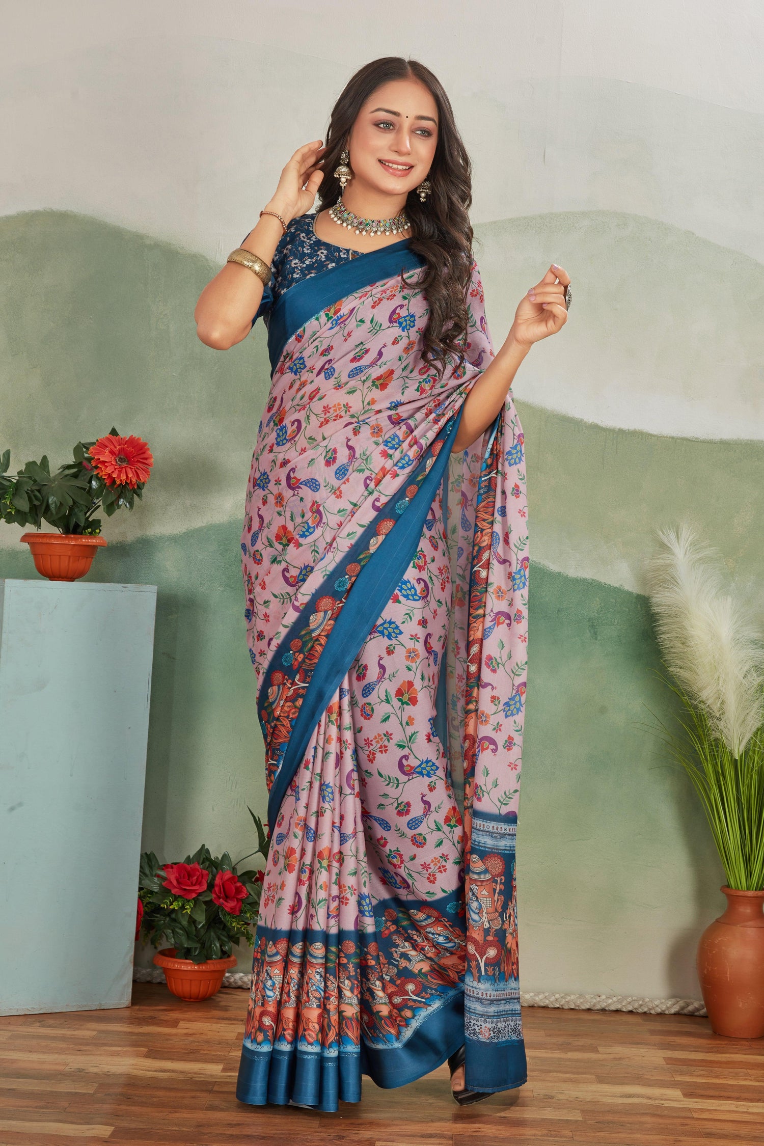 Authentic Kalamkari Print Mysore Silk Saree In Salmon Pink Ideal For Festive Wear
