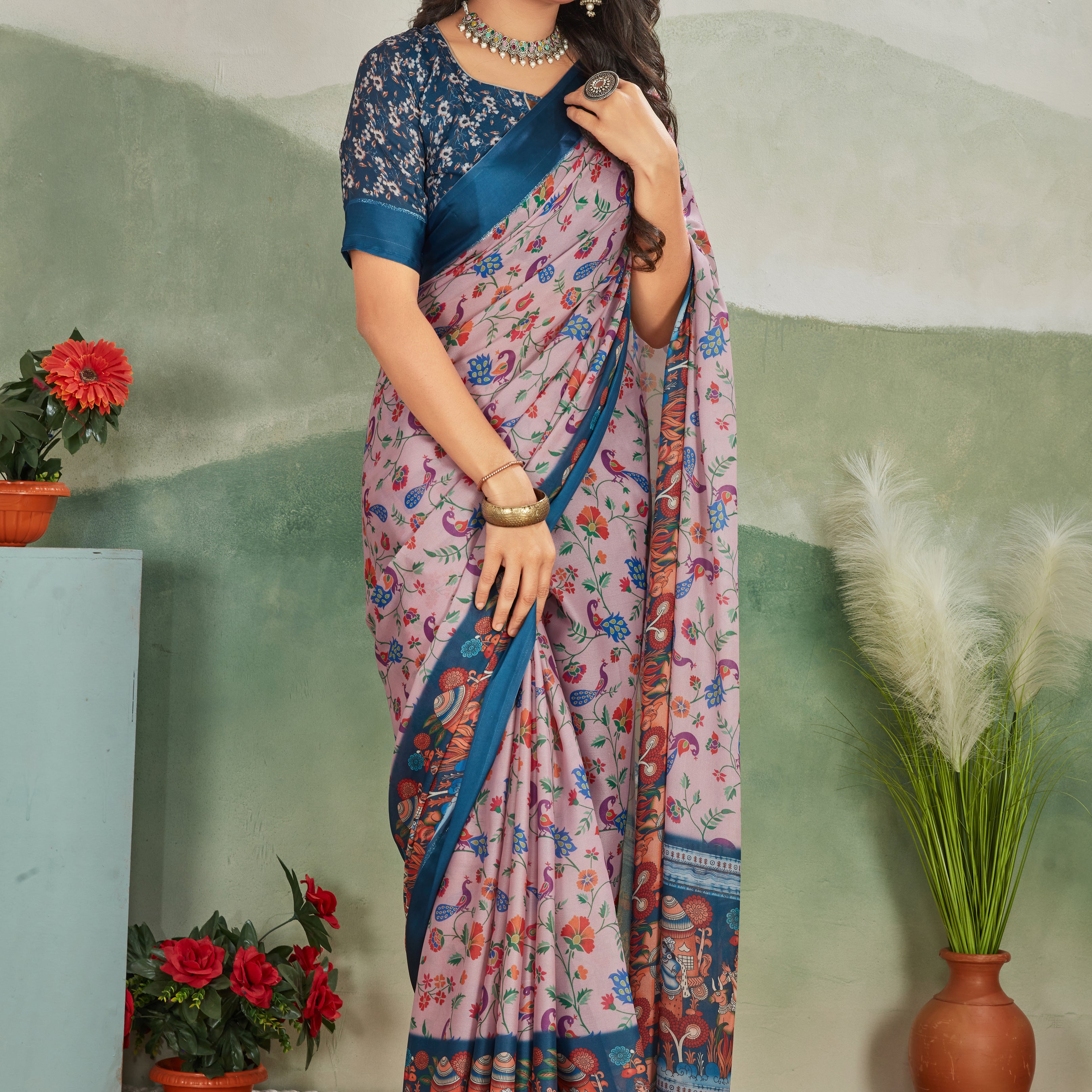 Elegant Pure Viscose Satin Saree with Stunning Border in Navy Blue