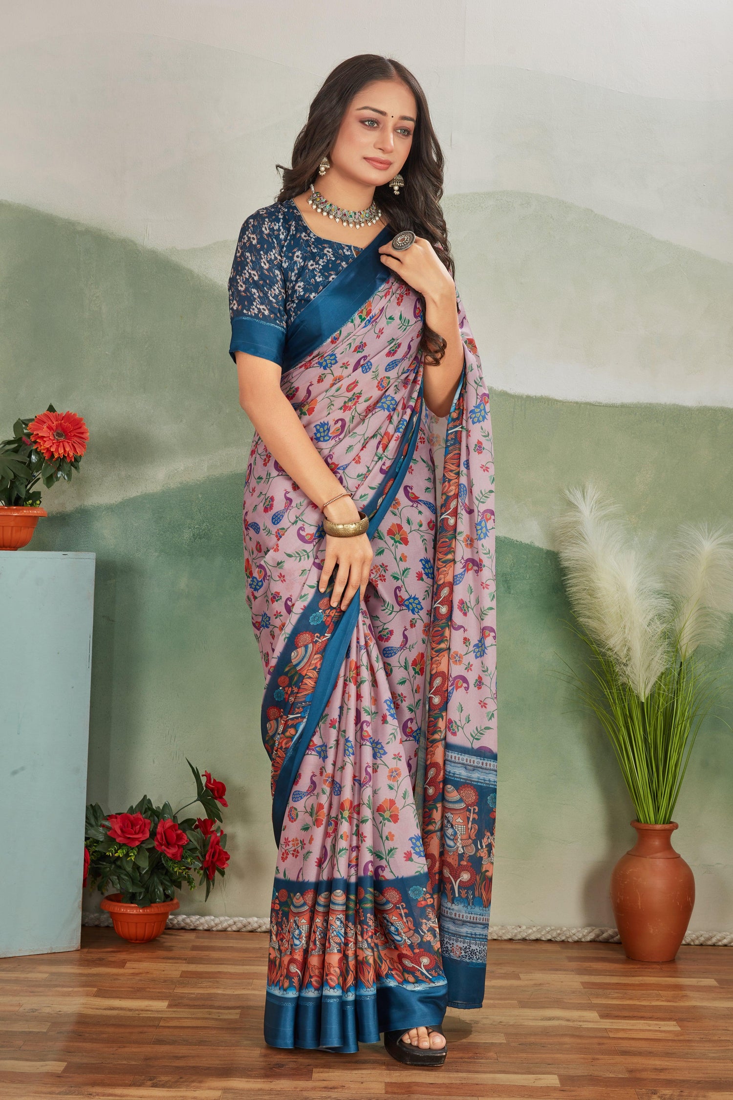 Authentic Kalamkari Print Mysore Silk Saree In Salmon Pink Ideal For Festive Wear