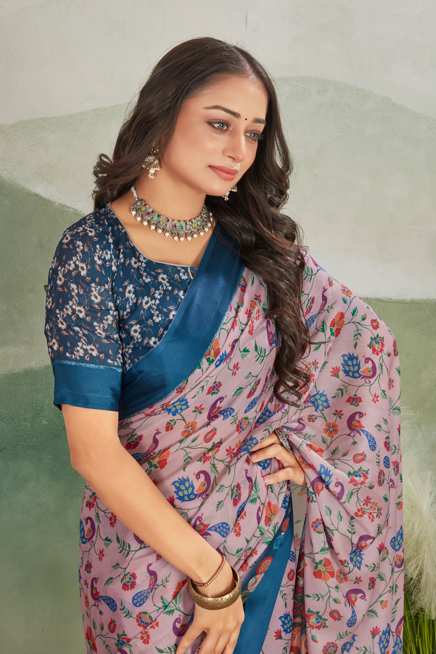 Stylish Navy Blue Satin Saree With Rich Digital Printing And Fancy Festive Blouse Material