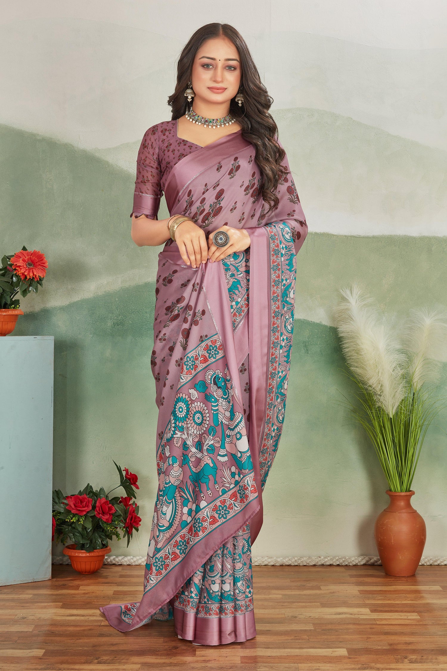 Rose Gold Kalamkari Art Saree In Soft Mysore Silk Ethnic And Elegant