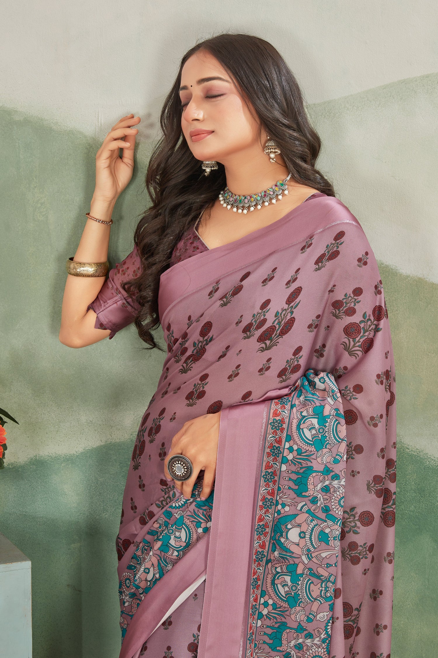 Pink Festive Wear Digital Print Saree In Pure Satin With Statement Blouse Fabric