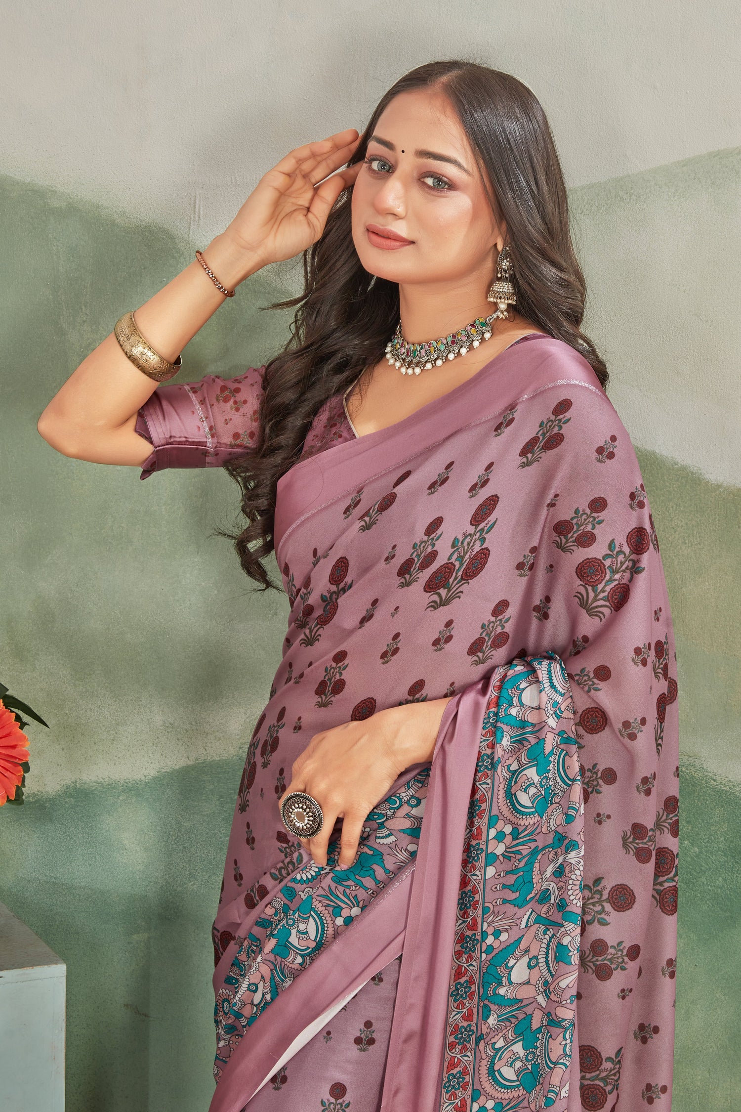 Pink Festive Wear Digital Print Saree In Pure Satin With Statement Blouse Fabric