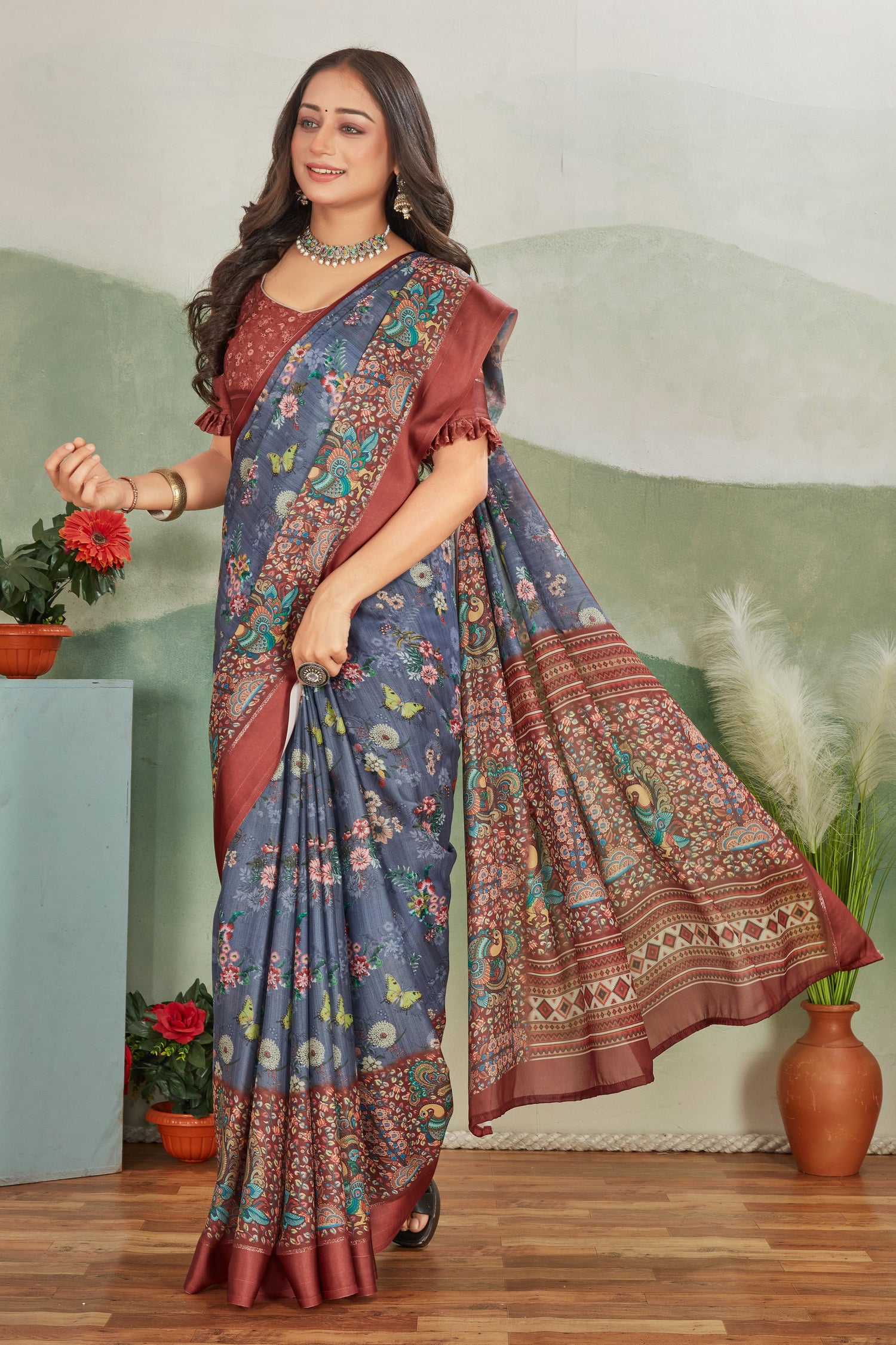 Premium Red Digital Printed Satin Saree With Elegant Blouse Piece For Festivals