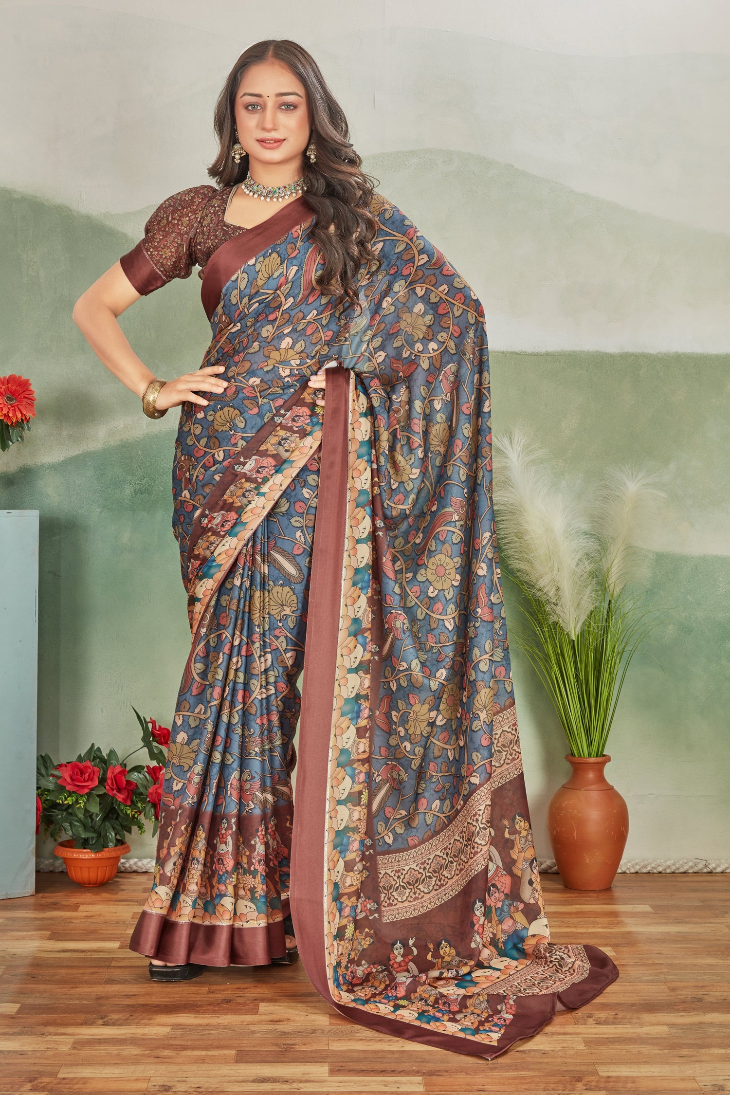 Trendy Wine Viscose Satin Saree For Women Digital Prints With Designer Blouse