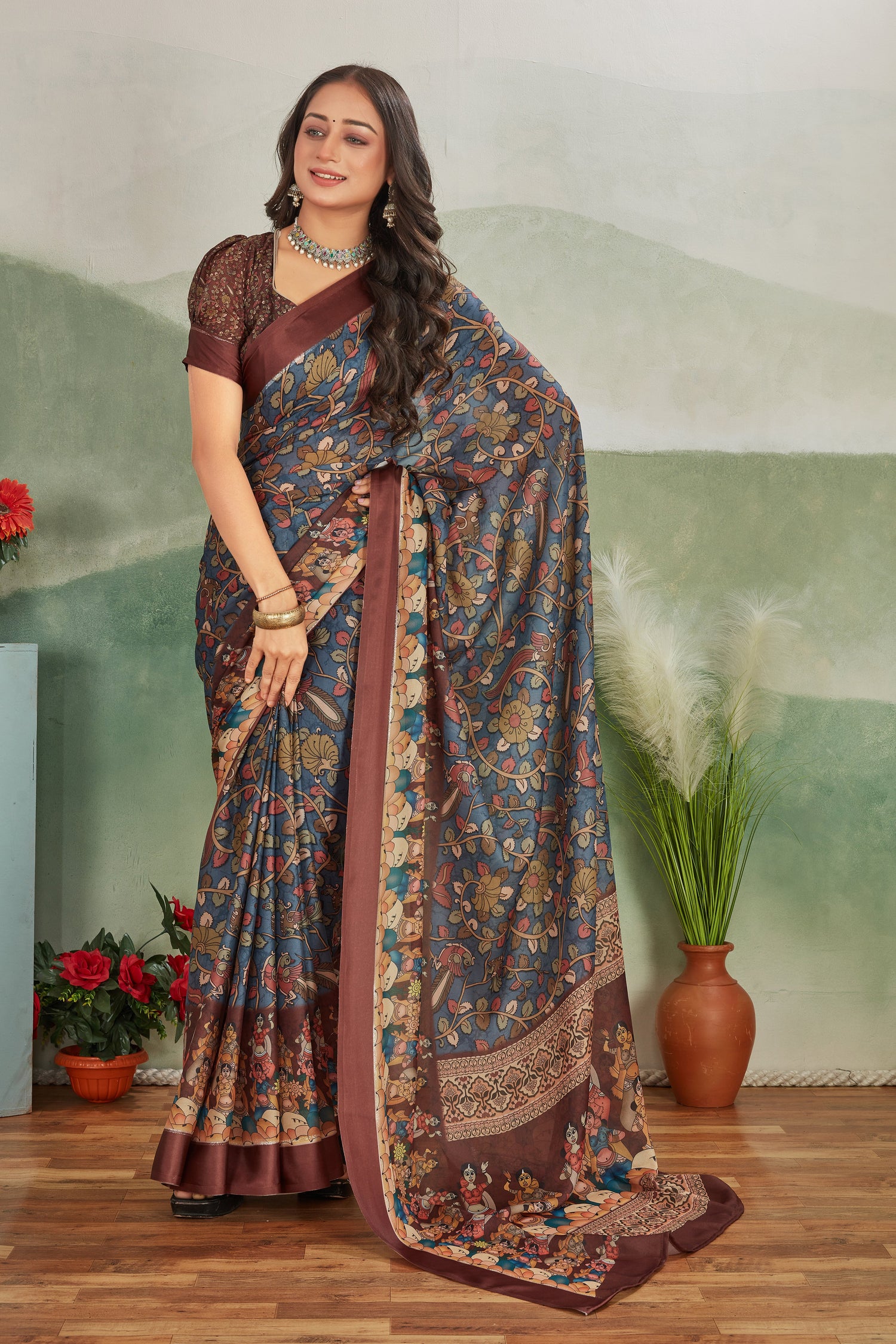 Trendy Wine Viscose Satin Saree For Women Digital Prints With Designer Blouse