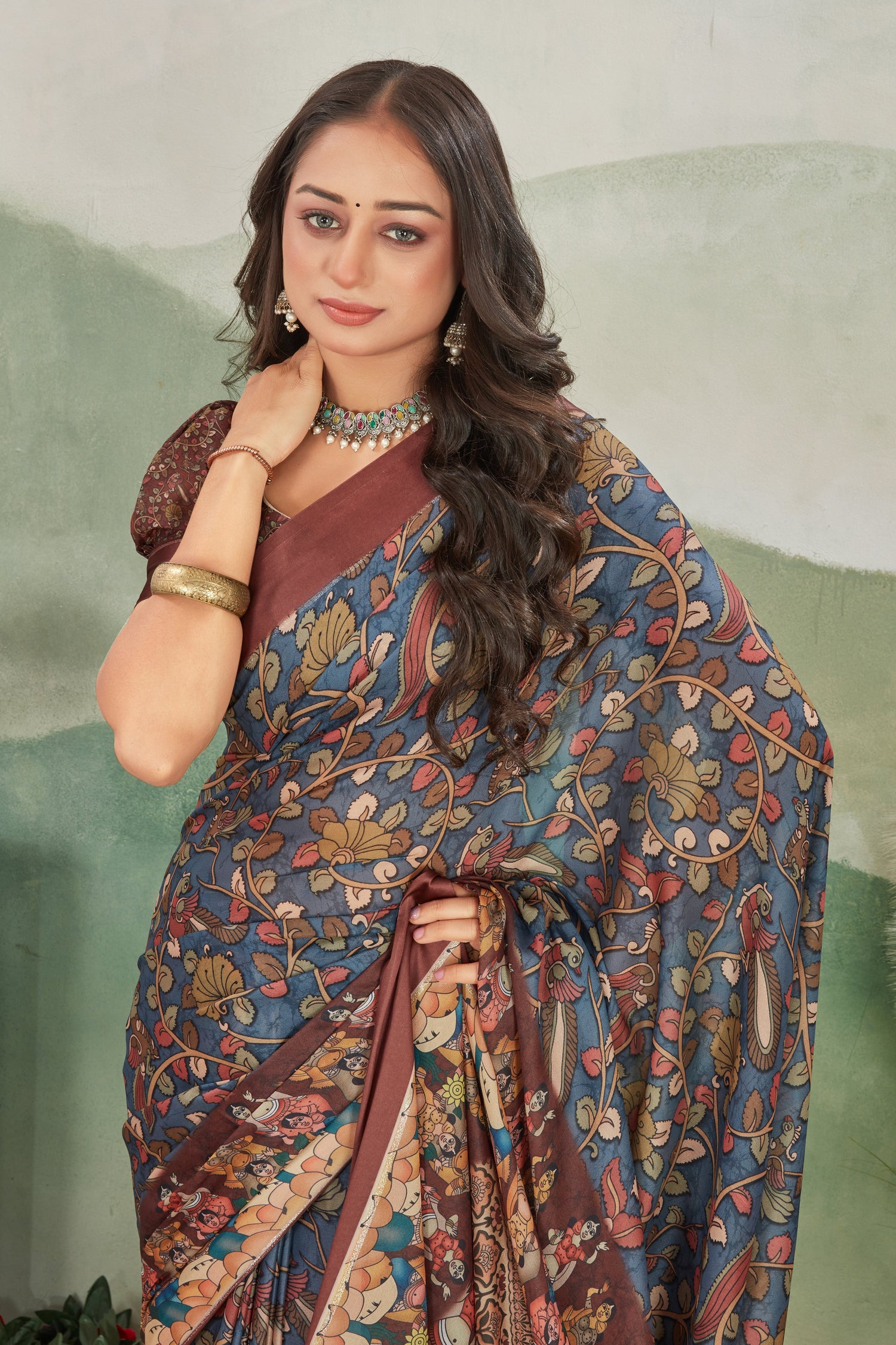 Trendy Wine Viscose Satin Saree For Women Digital Prints With Designer Blouse