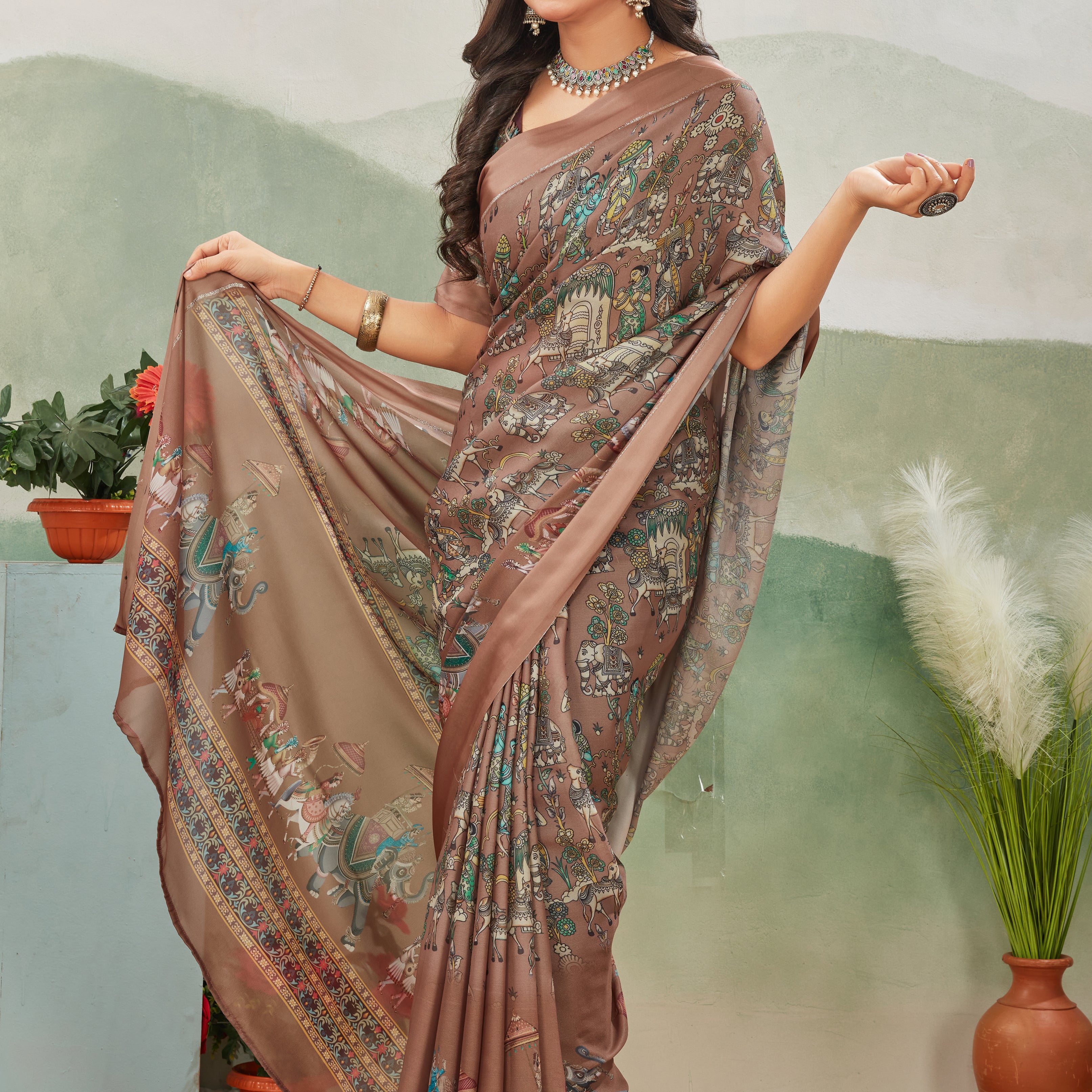 Elegant Pure Viscose Satin Saree with Stunning Border in Light Brown