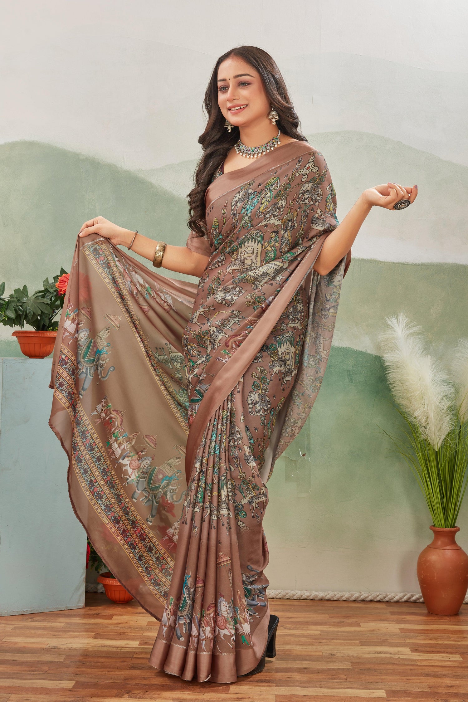Premium Mysore Silk Saree In Rose Gold With Handcrafted Kalamkari Motifs