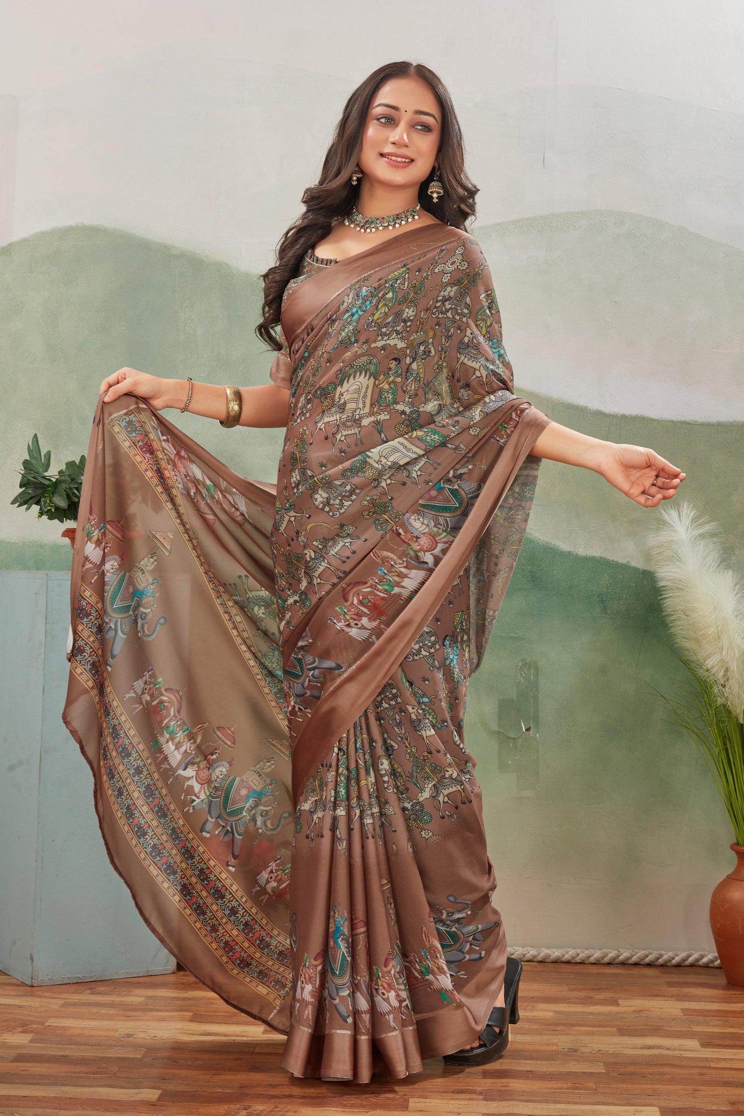Premium Mysore Silk Saree In Rose Gold With Handcrafted Kalamkari Motifs