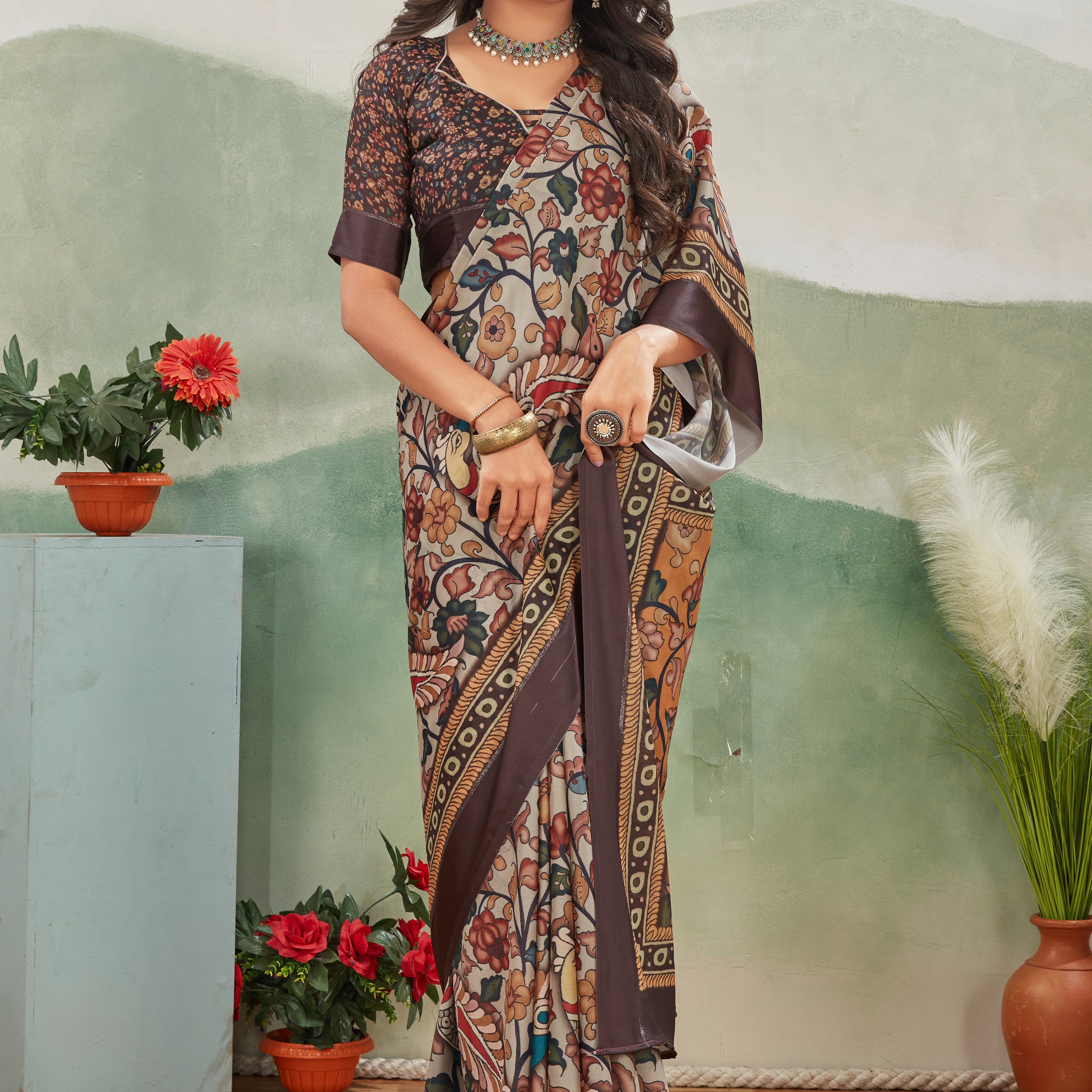 Elegant Pure Viscose Satin Saree with Stunning Border in Dark Brown