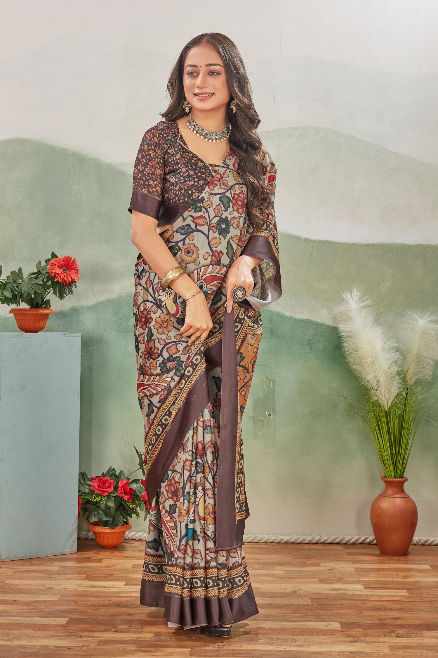 Charming Dark Brown Pure Satin Printed Saree With Contrast Fancy Blouse For Occasions