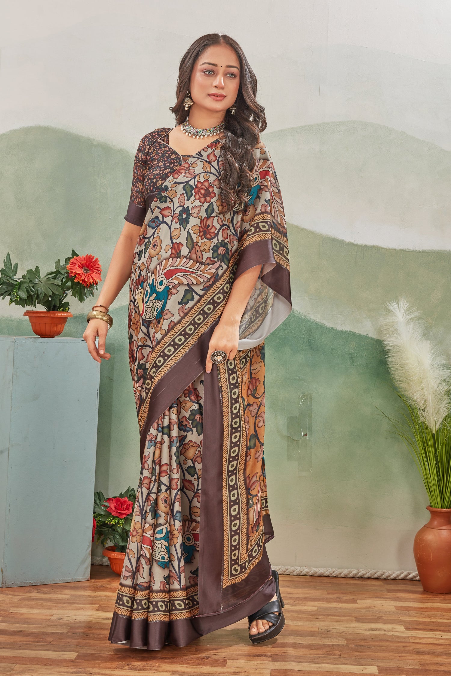 Charming Dark Brown Pure Satin Printed Saree With Contrast Fancy Blouse For Occasions