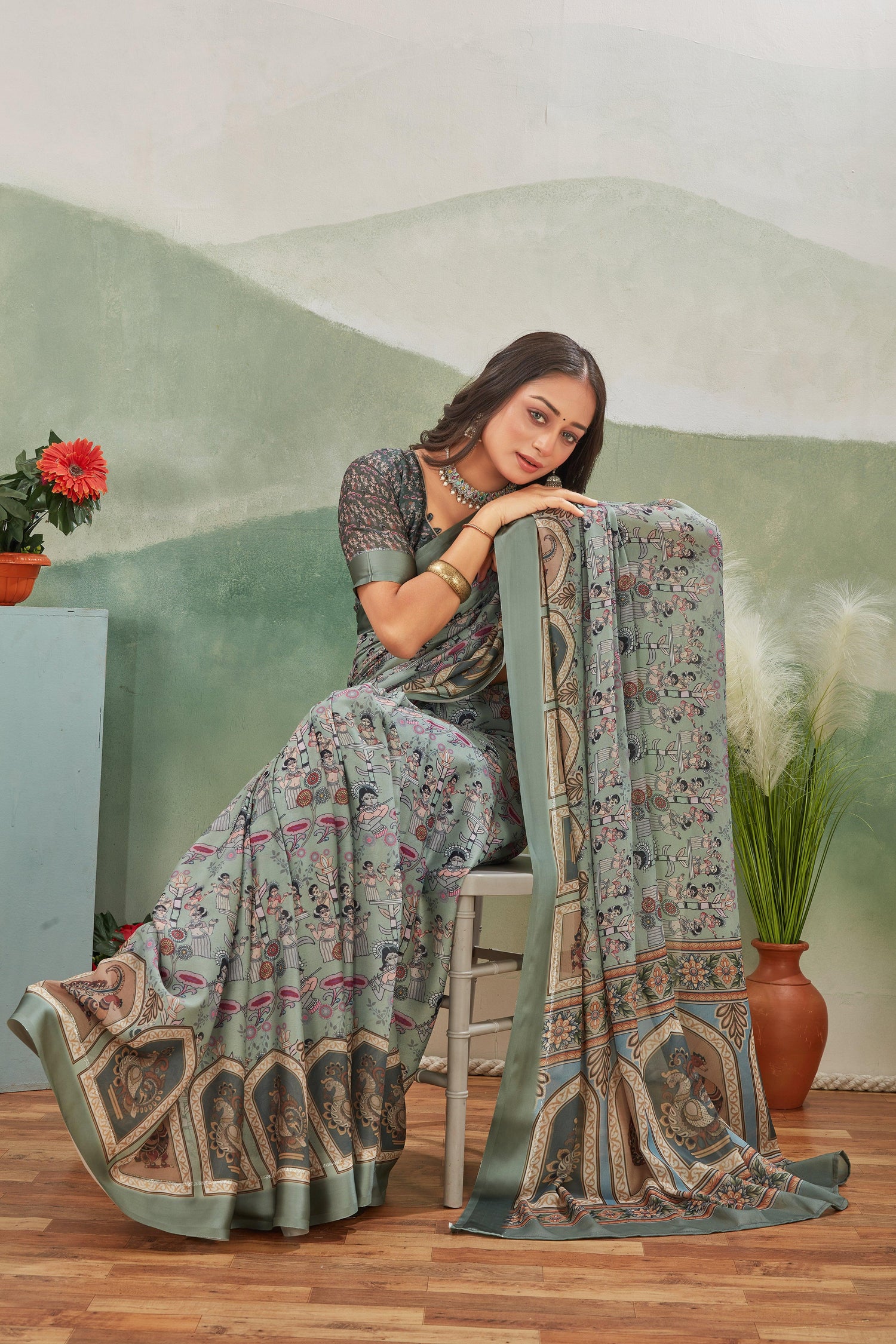 Traditional Mysore Silk Saree Featuring Heritage Kalamkari Designs