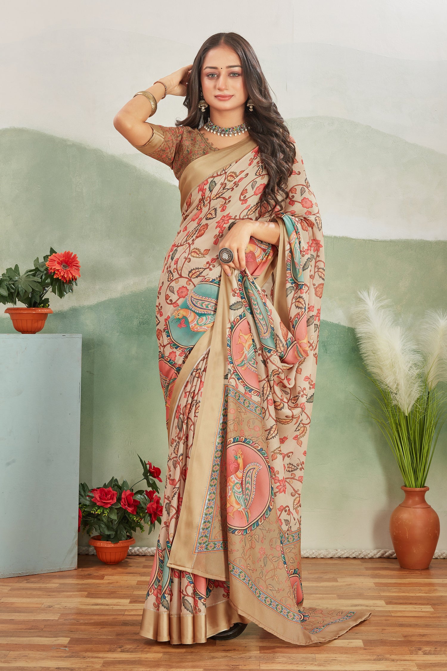 Digital Printed Pure Satin Saree In Peach With Festive Blouse Material Included