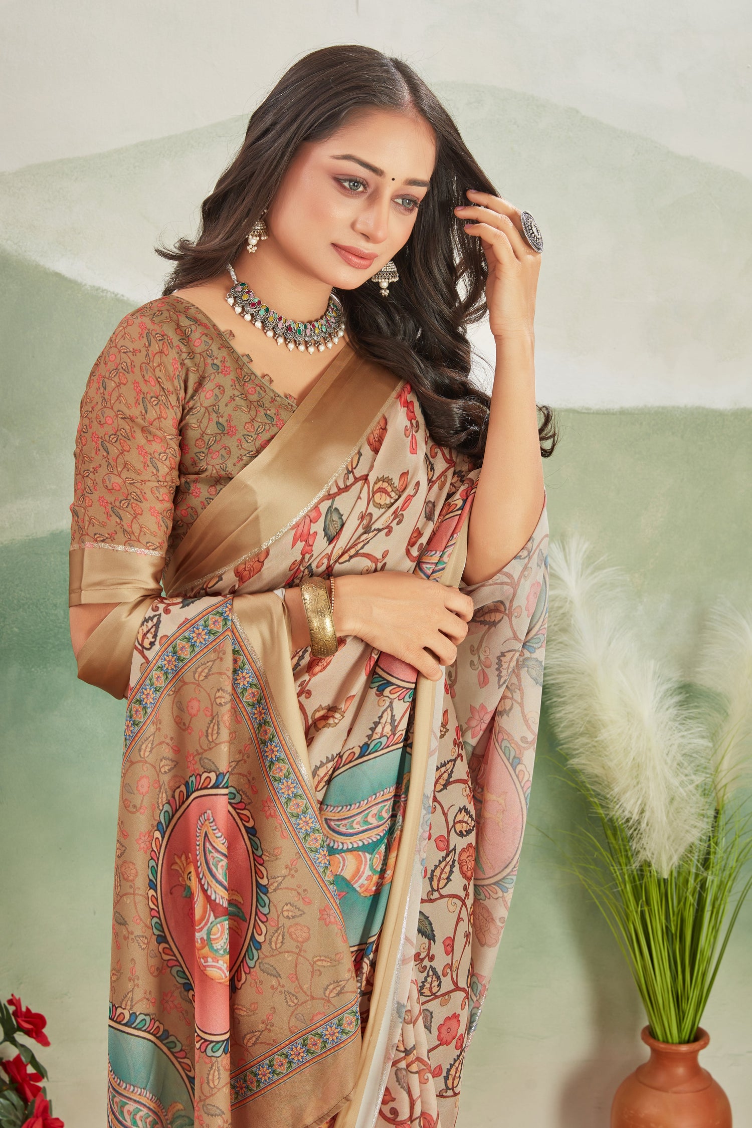 Digital Printed Pure Satin Saree In Peach With Festive Blouse Material Included