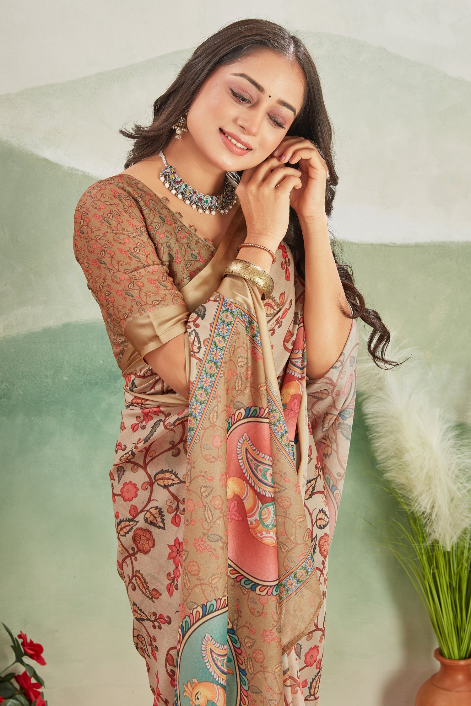 Digital Printed Pure Satin Saree In Peach With Festive Blouse Material Included