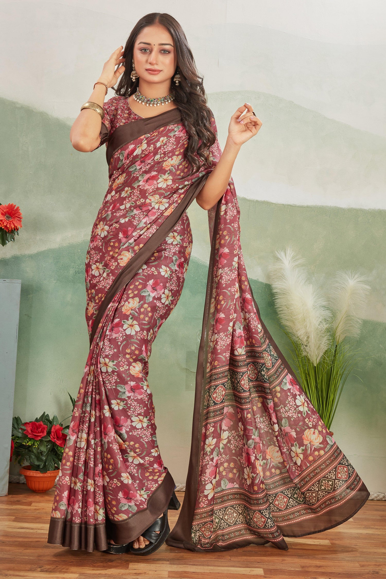 Art Inspired Kalamkari Printed Saree In Rose Gold Pure Mysore Silk Fabric