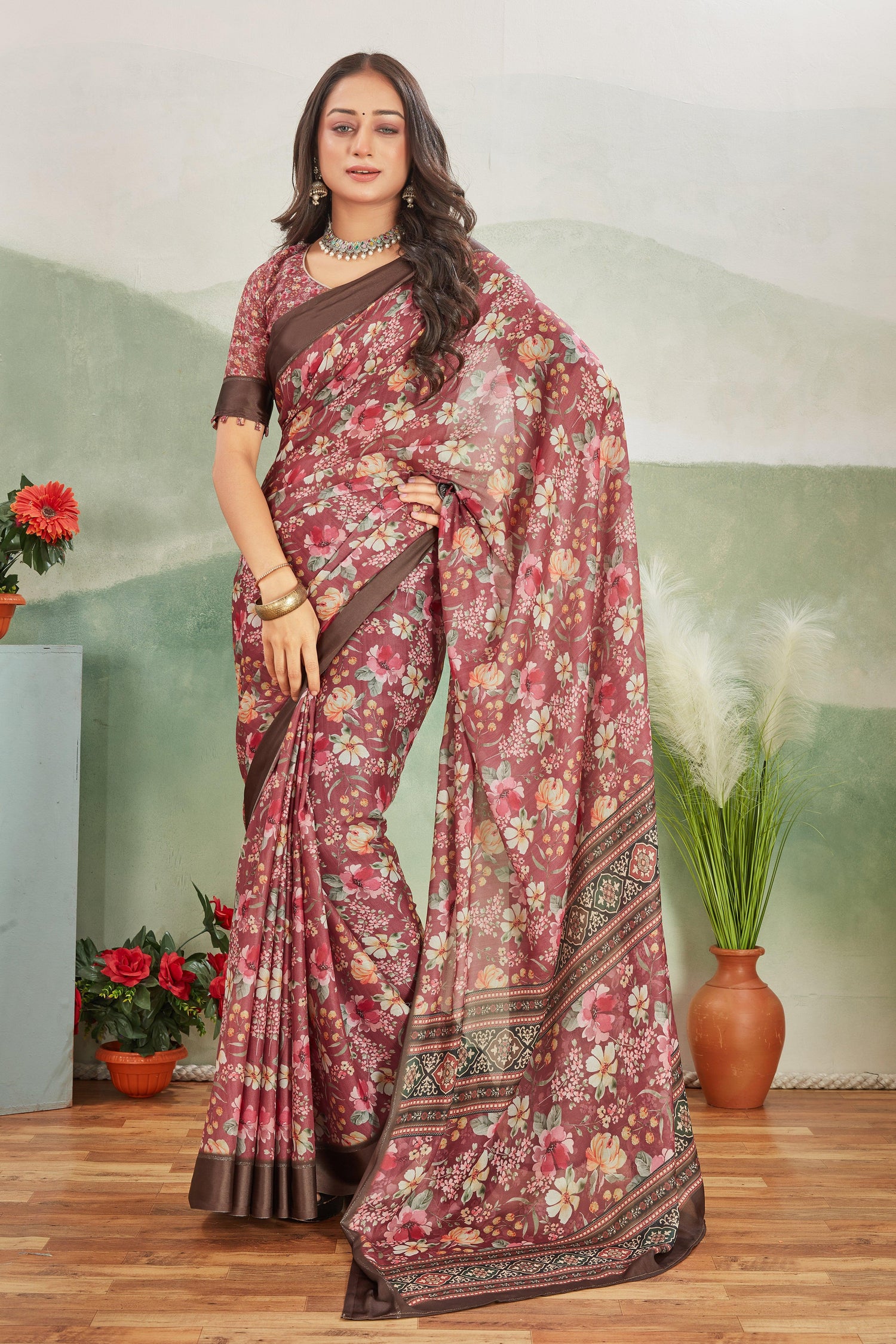 Art Inspired Kalamkari Printed Saree In Rose Gold Pure Mysore Silk Fabric
