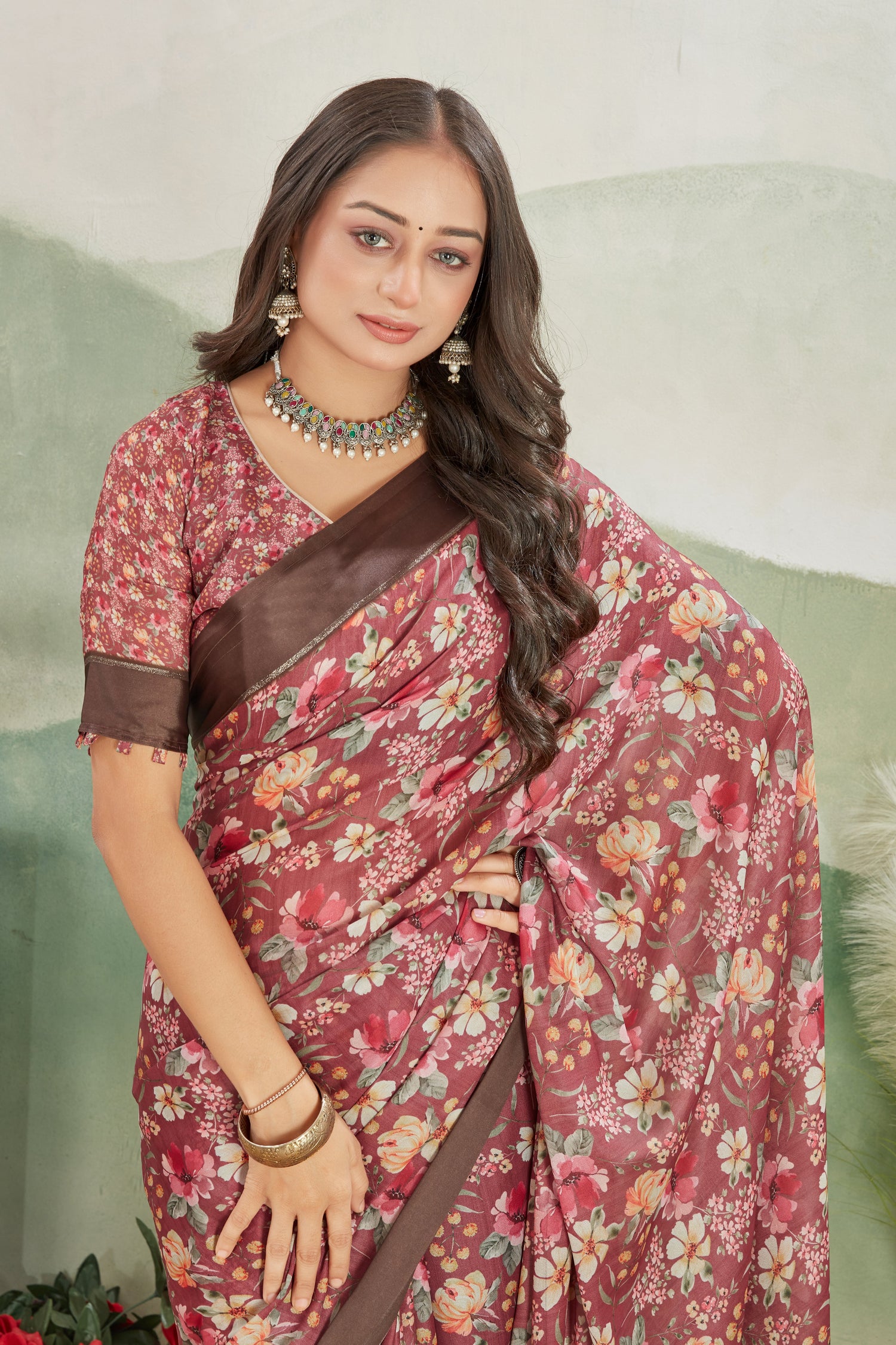 Graceful Maroon Viscose Satin Digital Printed Saree For Functions With Trendy Blouse Fabric