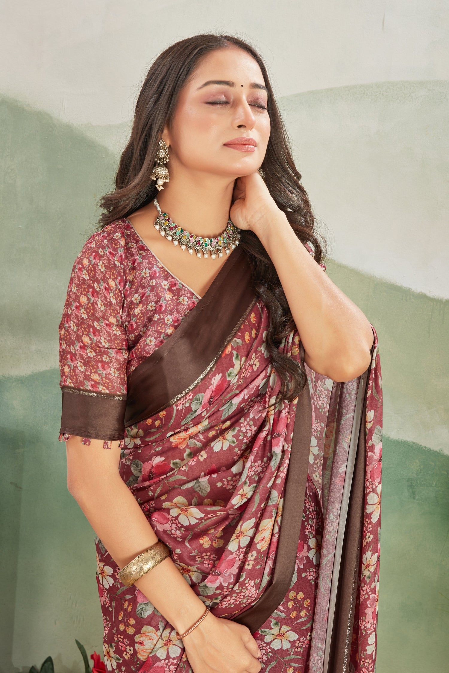 Graceful Maroon Viscose Satin Digital Printed Saree For Functions With Trendy Blouse Fabric