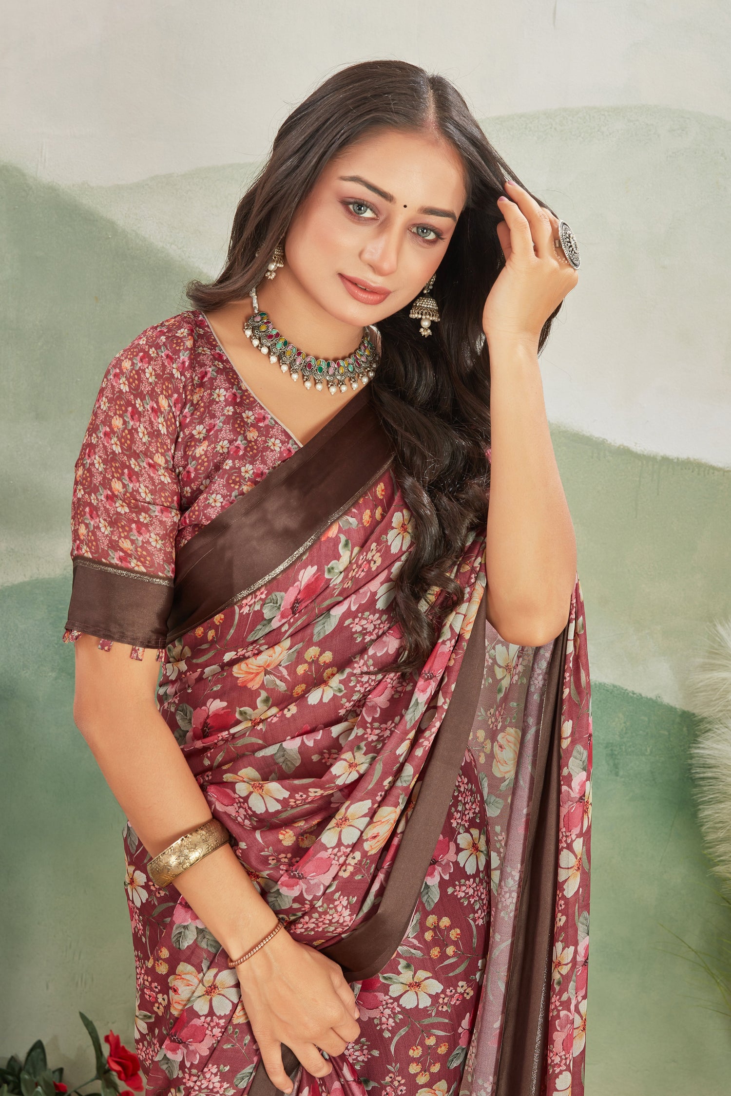 Graceful Maroon Viscose Satin Digital Printed Saree For Functions With Trendy Blouse Fabric