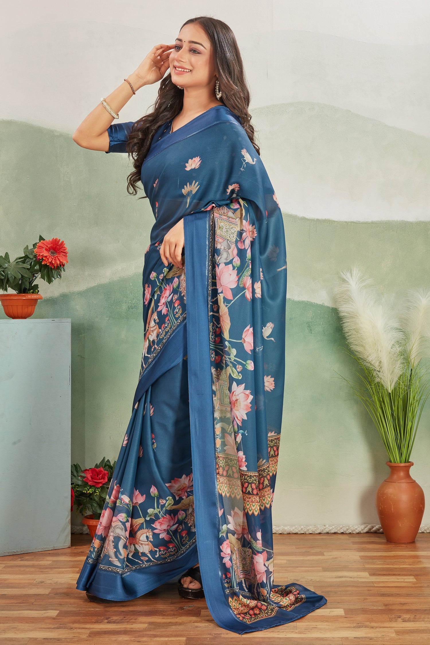 Royal Blue Festive Special Viscose Satin Printed Saree With Stylish Blouse Material
