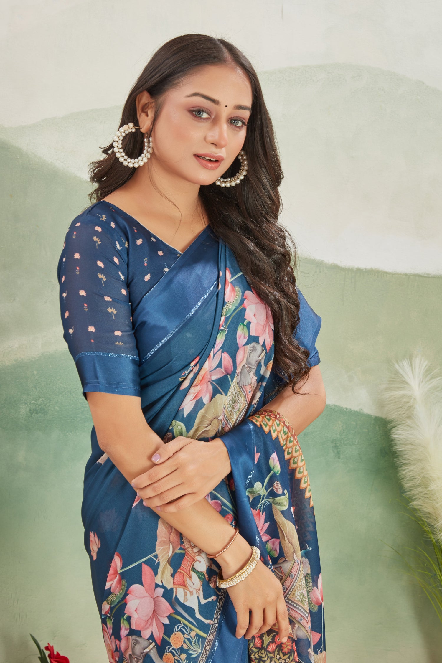 Royal Blue Festive Special Viscose Satin Printed Saree With Stylish Blouse Material