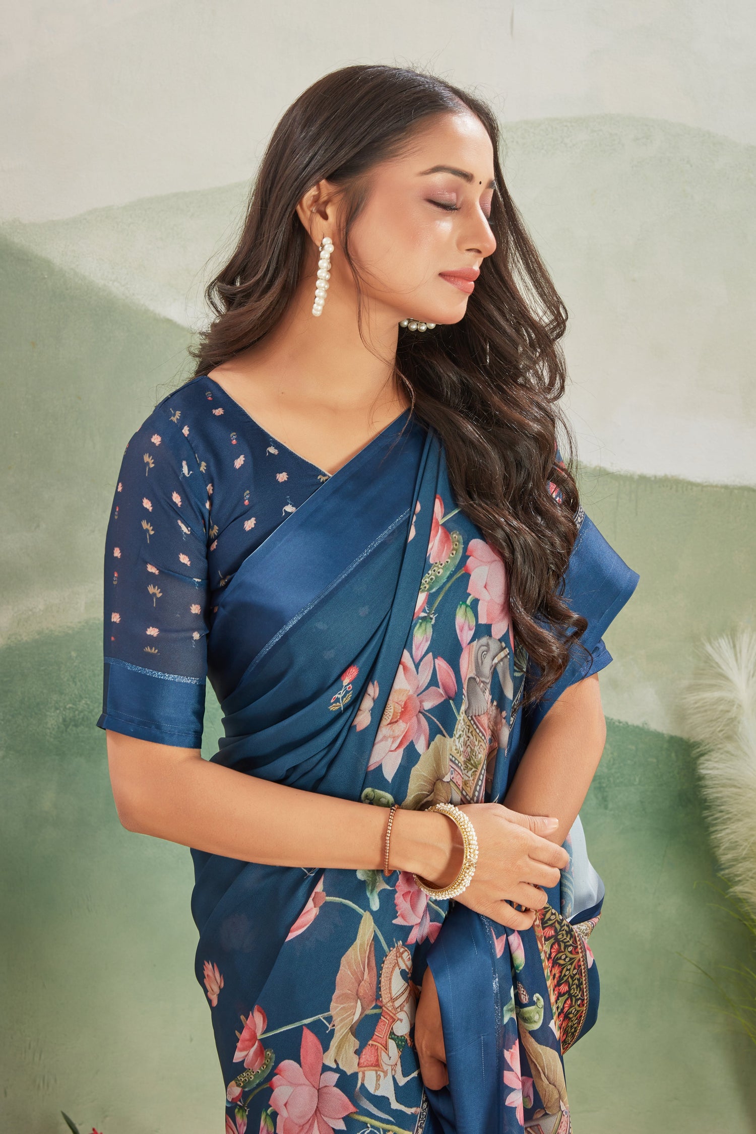 Royal Blue Festive Special Viscose Satin Printed Saree With Stylish Blouse Material