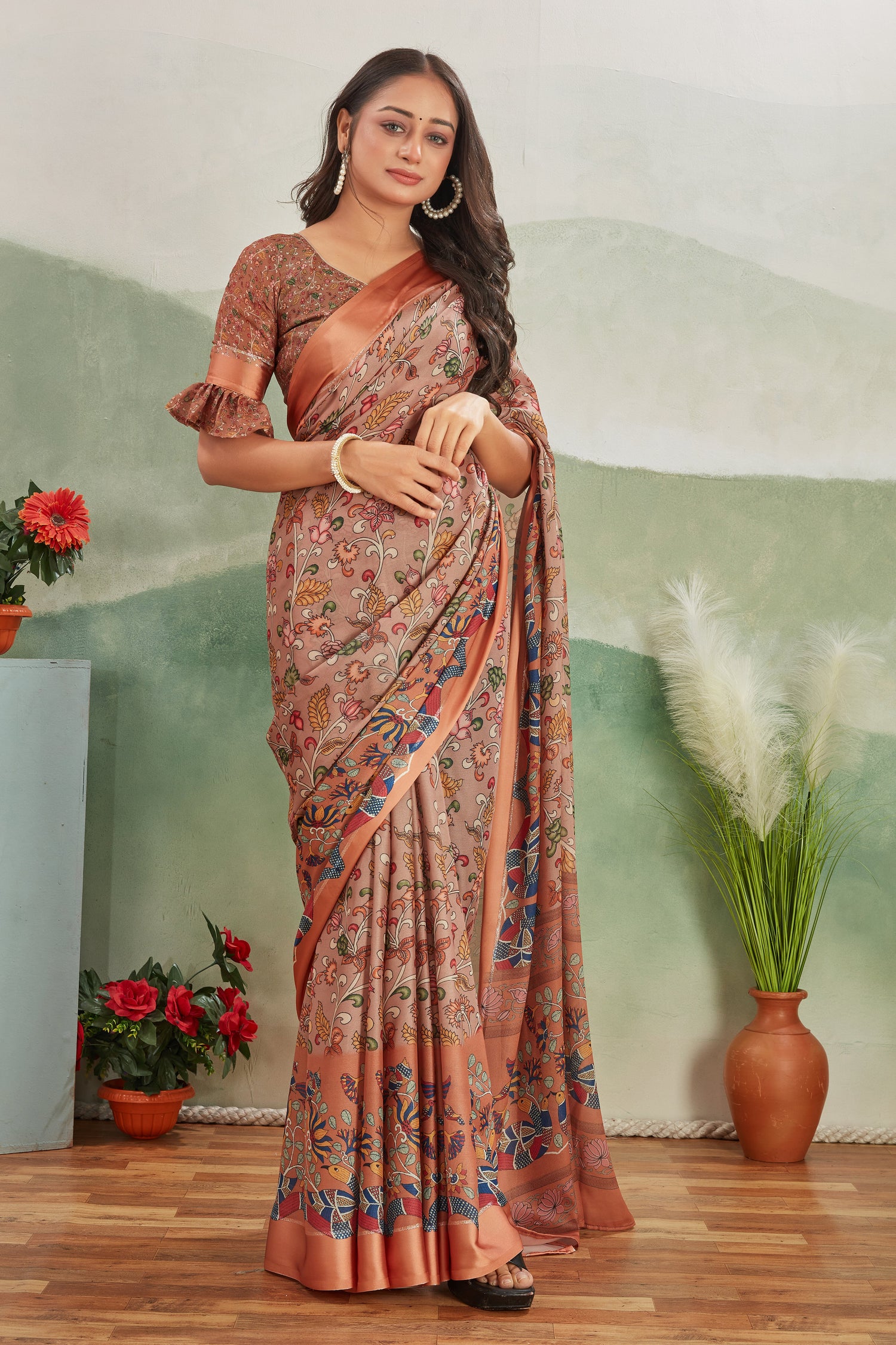 Traditional Red Pure Satin Digital Print Saree With Fancy Blouse Piece For Celebrations