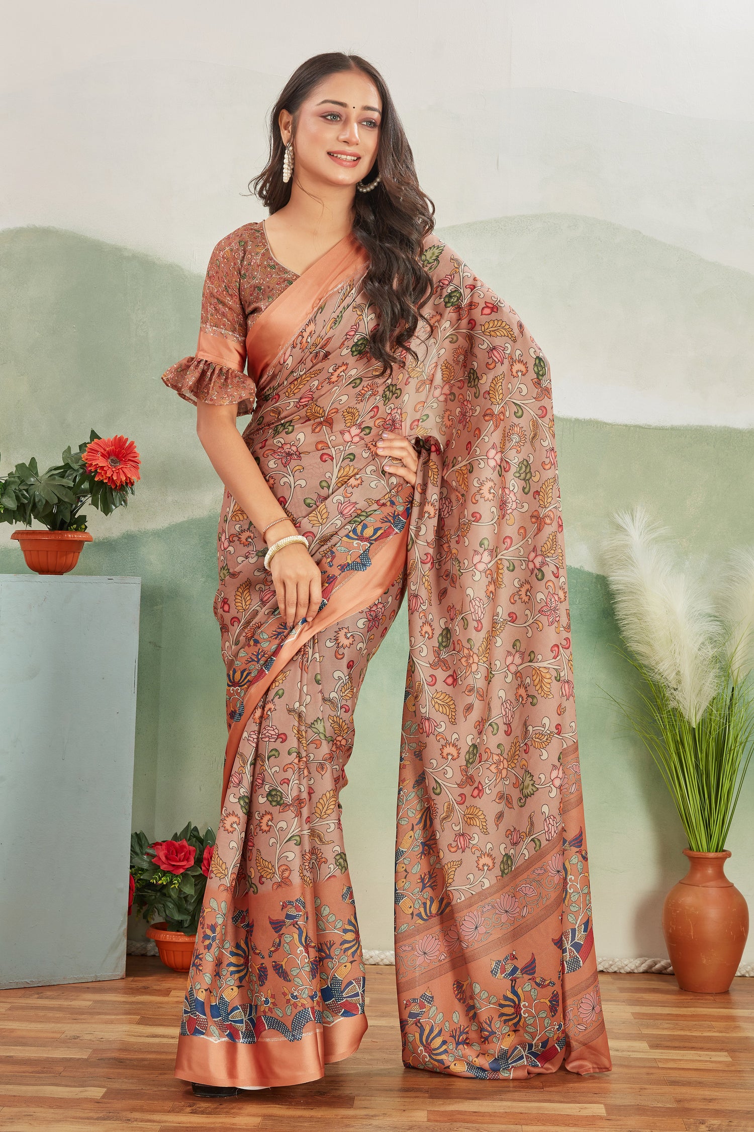 Traditional Red Pure Satin Digital Print Saree With Fancy Blouse Piece For Celebrations