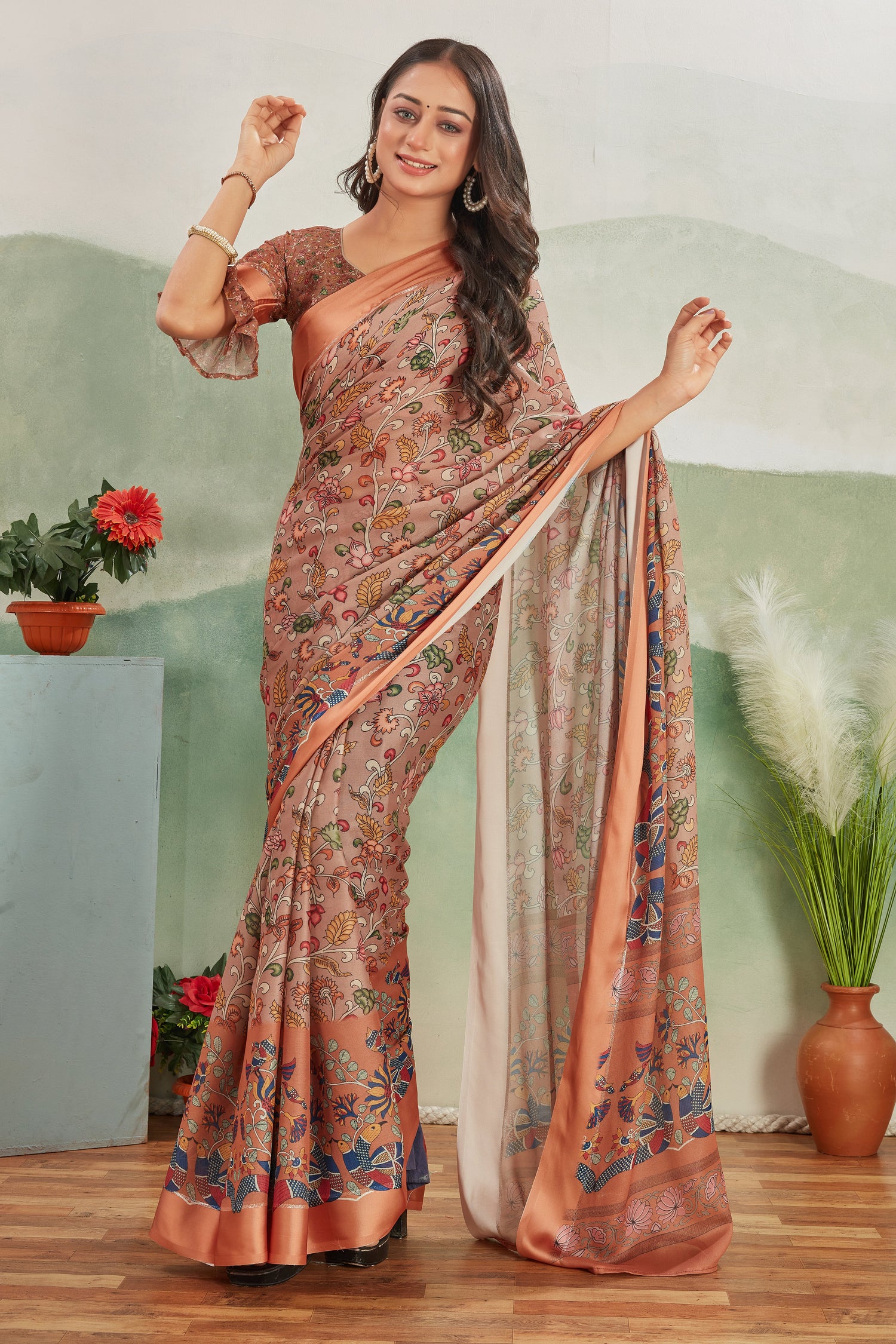 Traditional Red Pure Satin Digital Print Saree With Fancy Blouse Piece For Celebrations