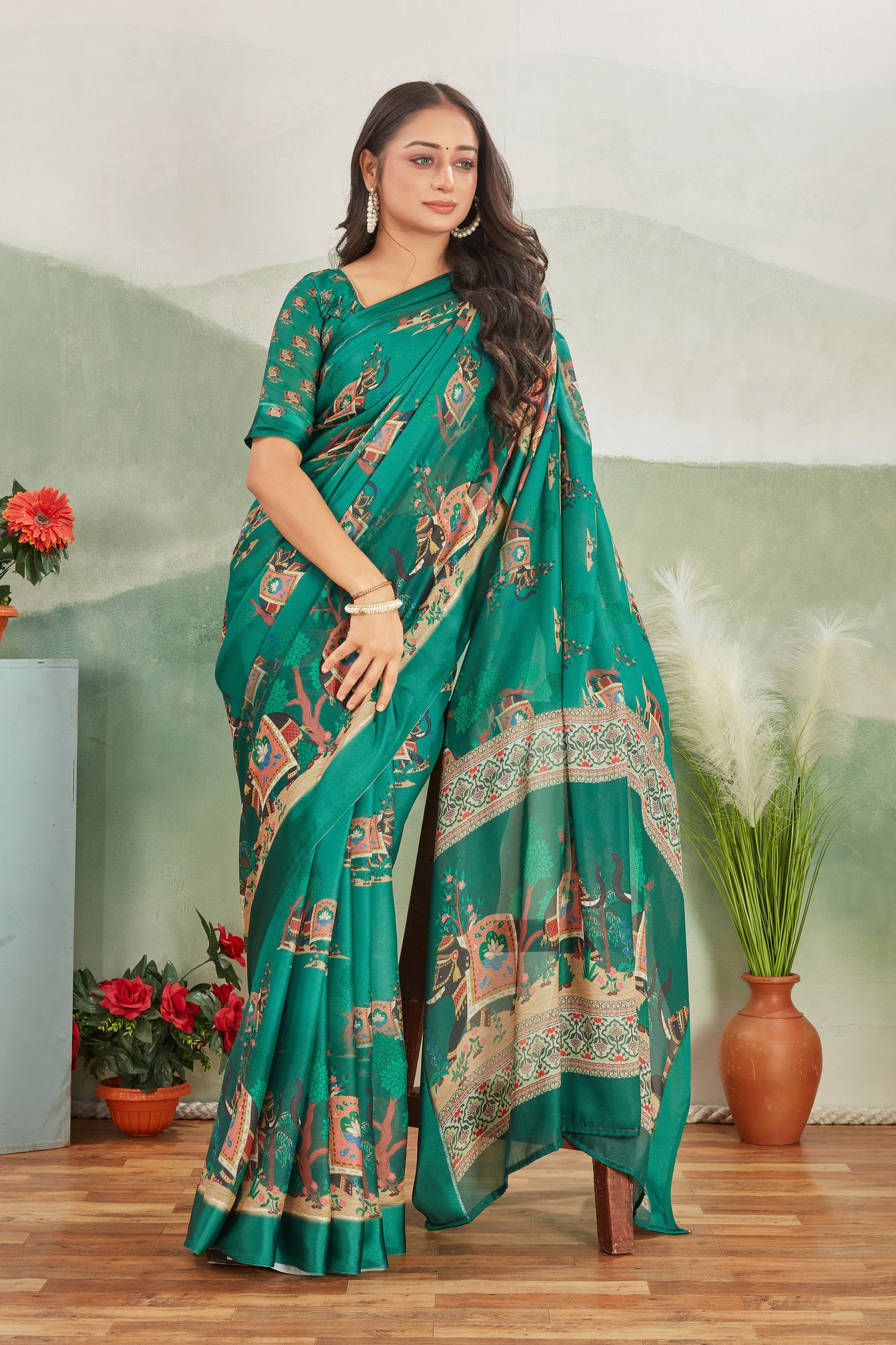 Elegant Green Viscose Satin Saree With Digital Print And Designer Blouse For Festive Wear