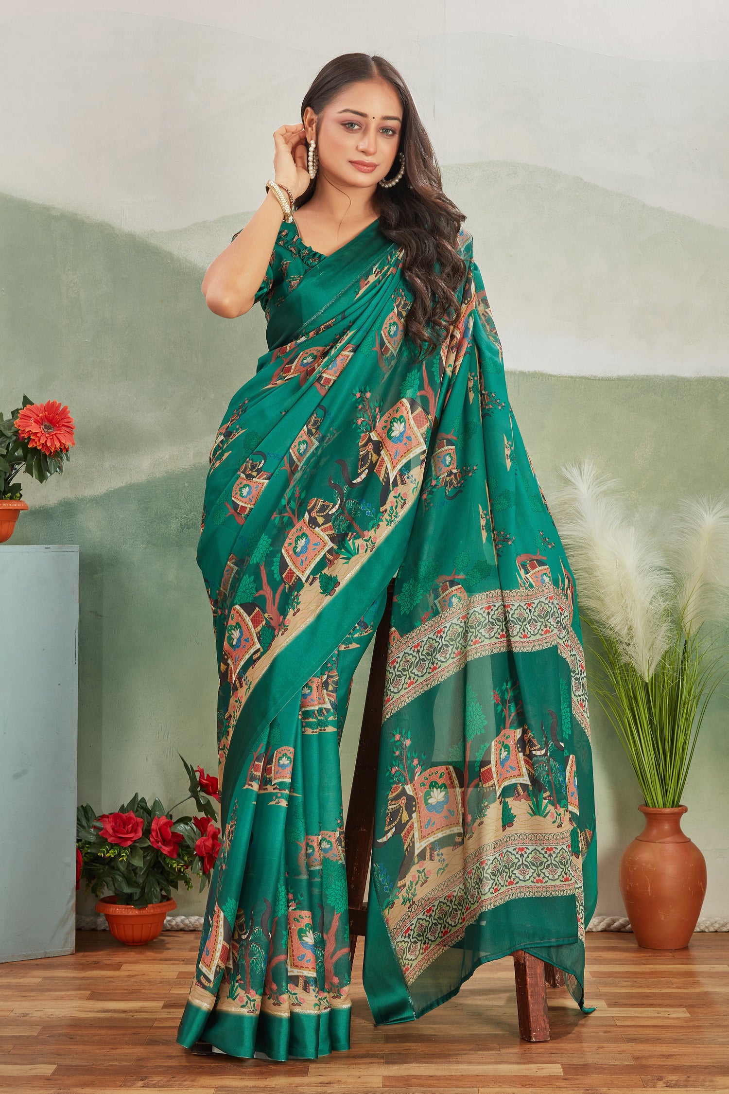 Elegant Green Viscose Satin Saree With Digital Print And Designer Blouse For Festive Wear