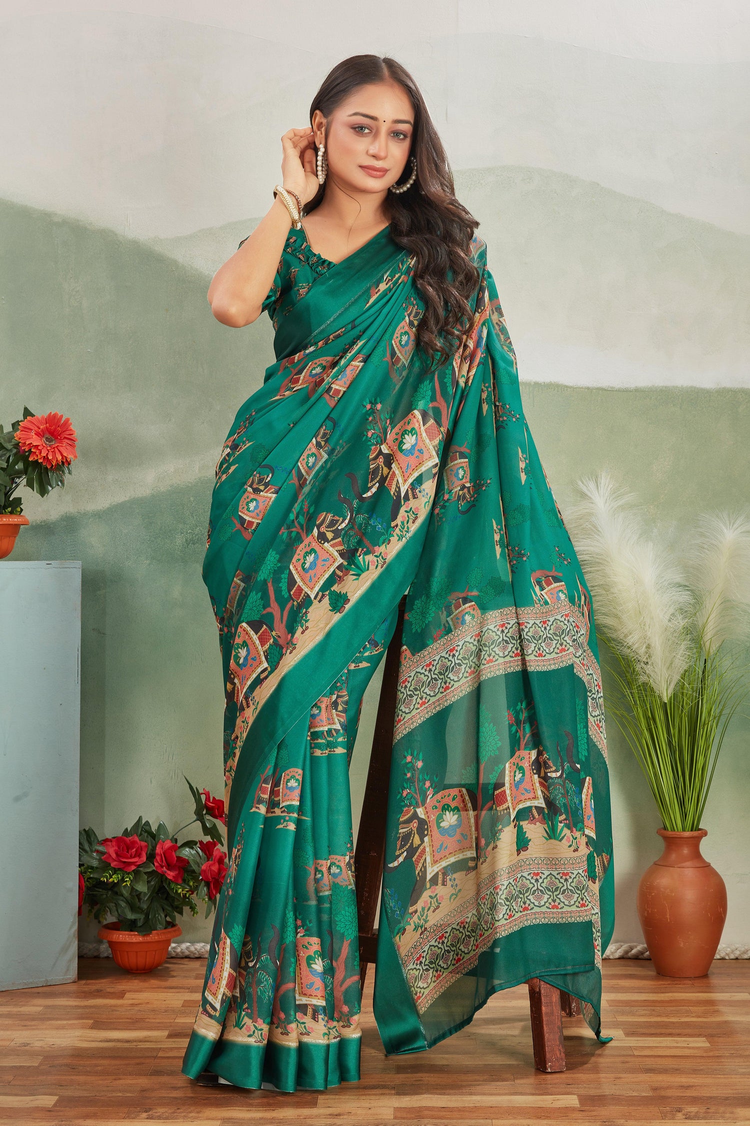 Elegant Rama Mysore Silk Saree With Traditional Kalamkari Prints