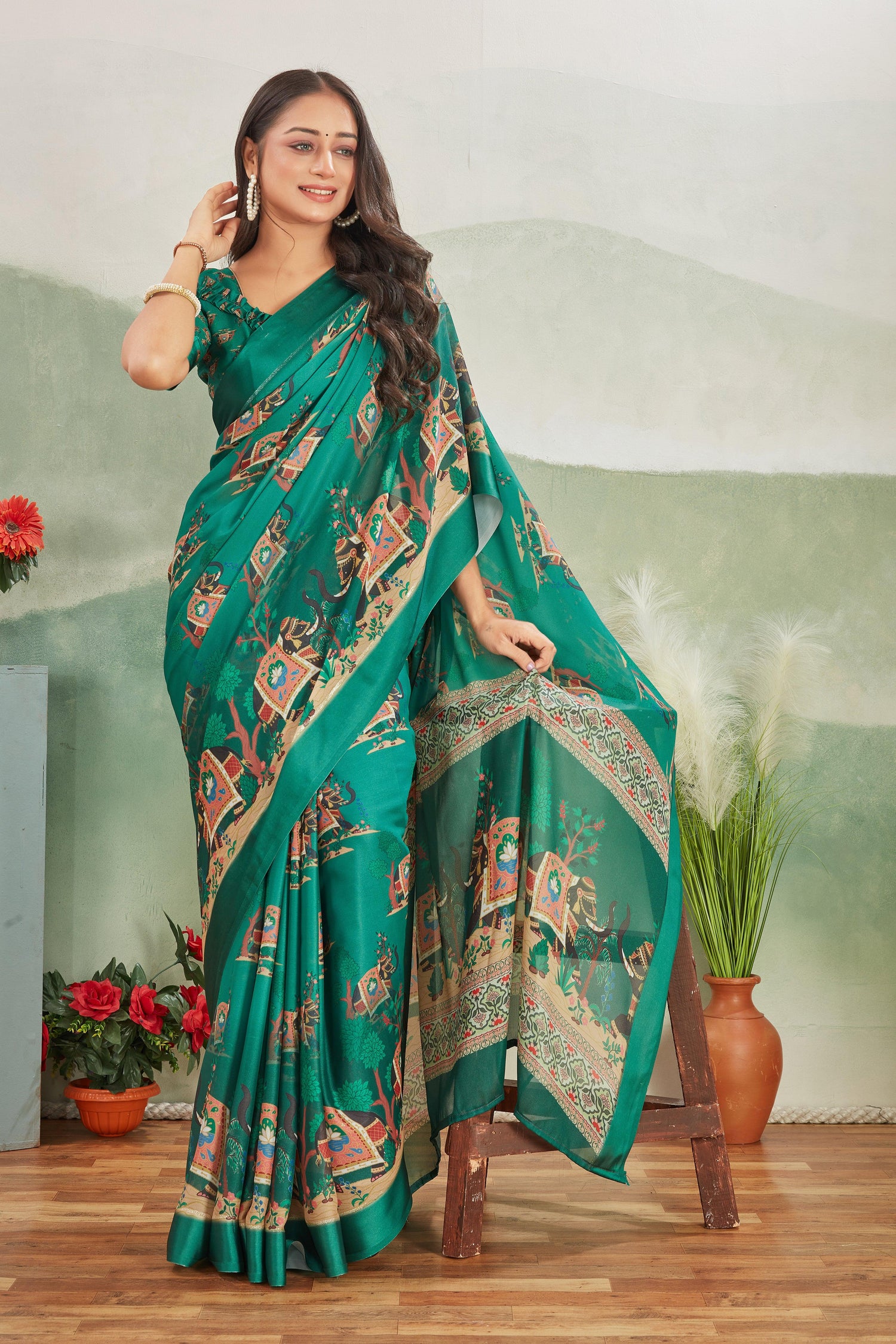 Elegant Rama Mysore Silk Saree With Traditional Kalamkari Prints