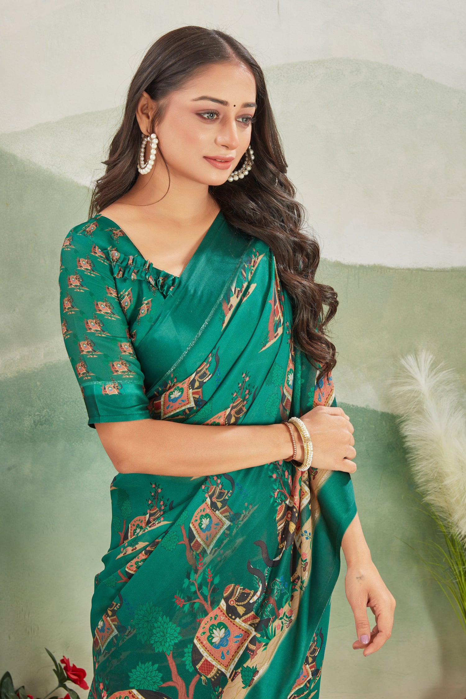 Elegant Green Viscose Satin Saree With Digital Print And Designer Blouse For Festive Wear