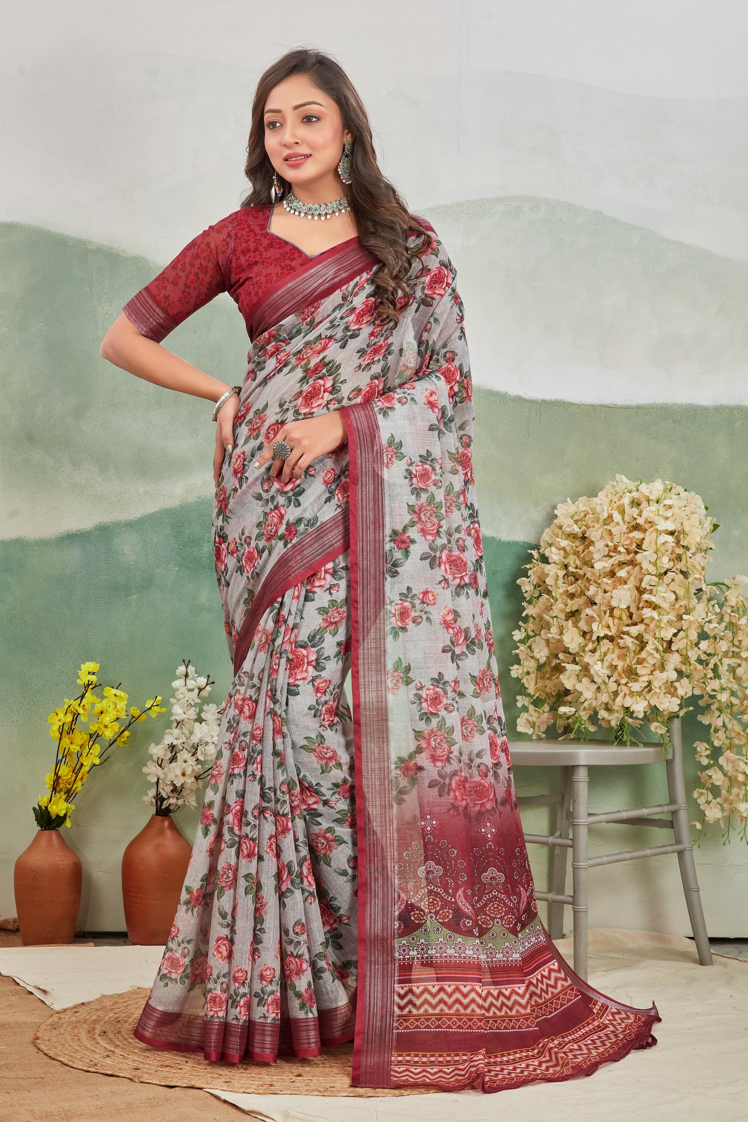 Elegance Grey Printed Saree