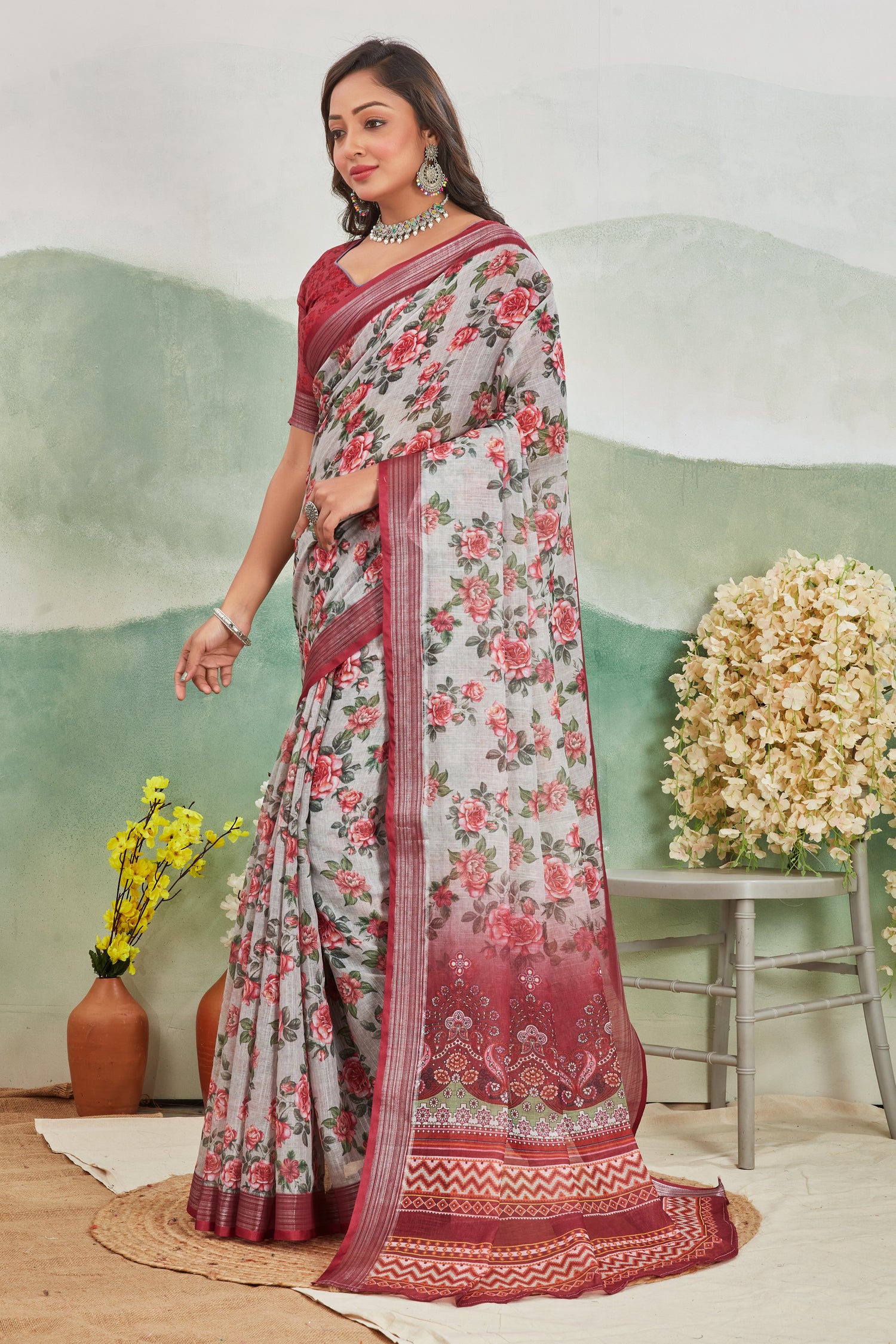 Elegance Grey Printed Saree