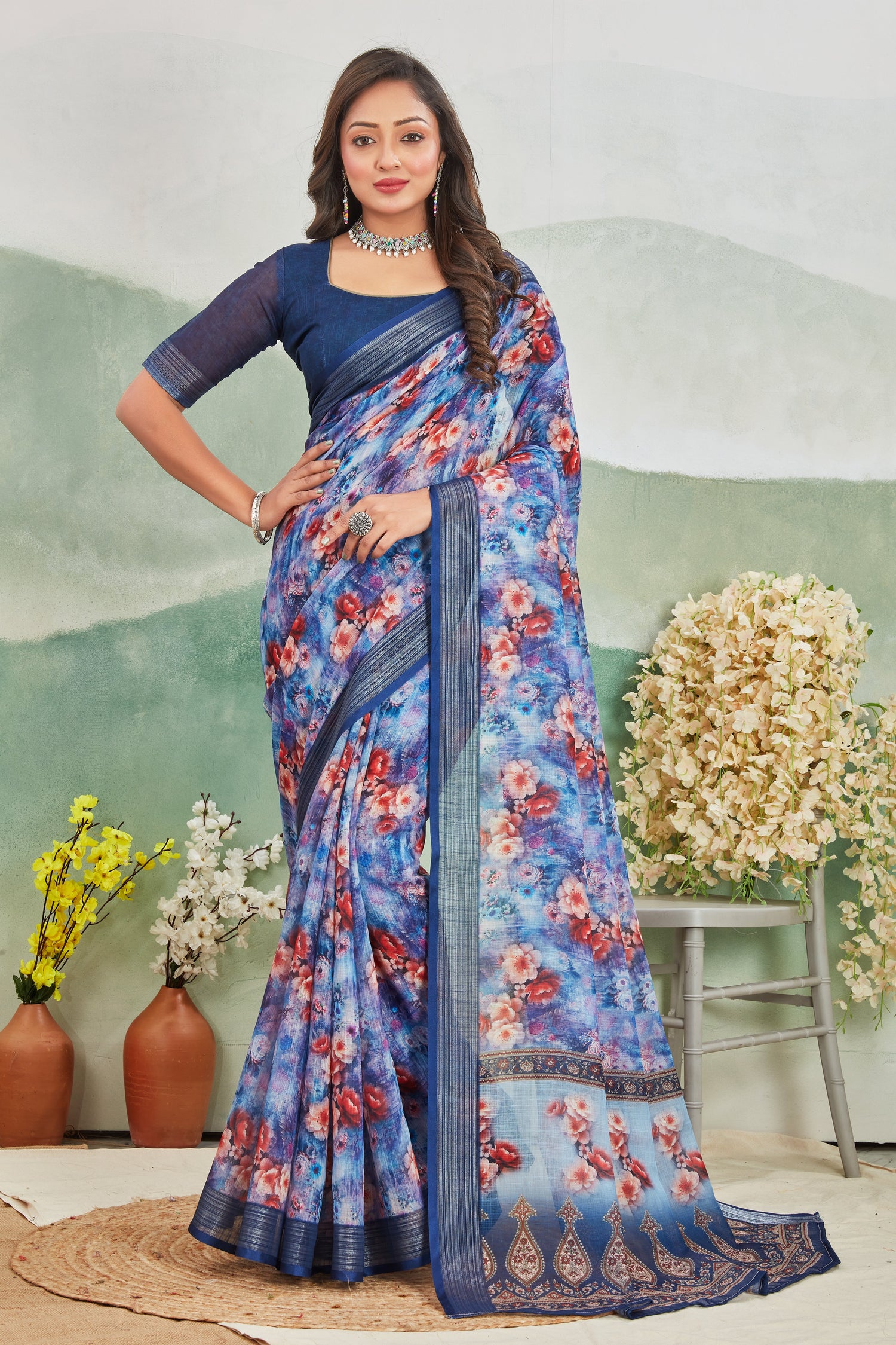 Blue Digital Printed Linen Saree