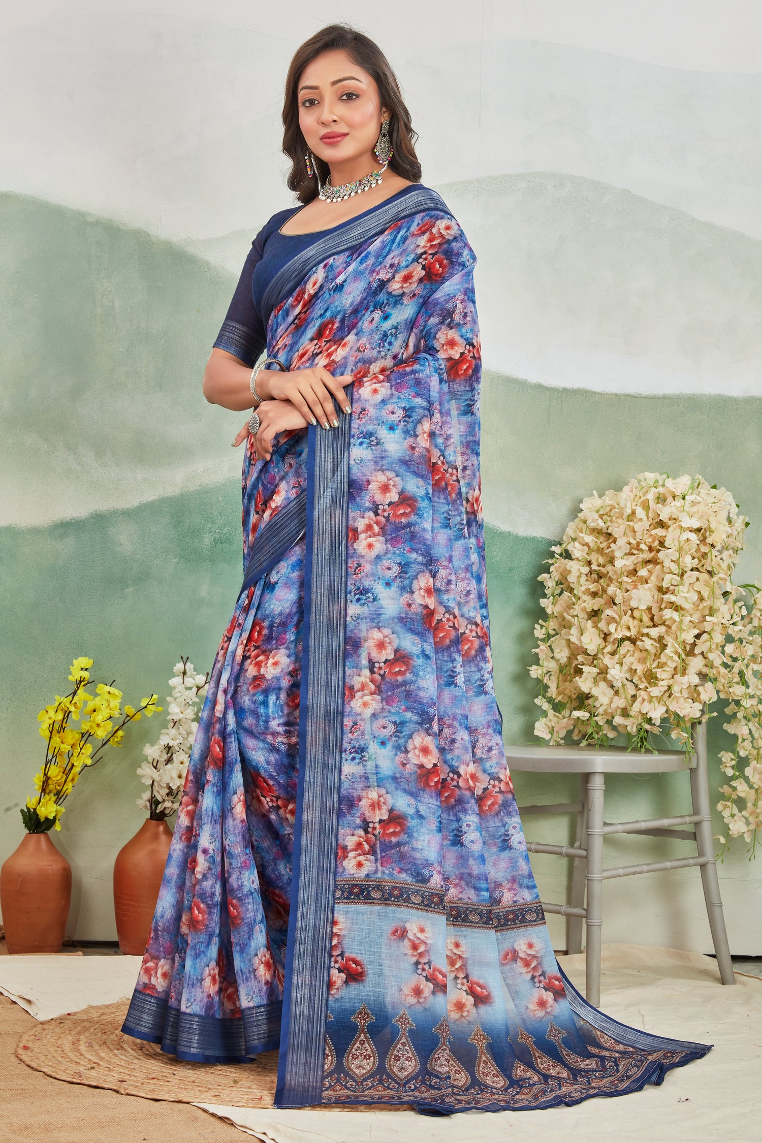 Blue Digital Printed Linen Saree