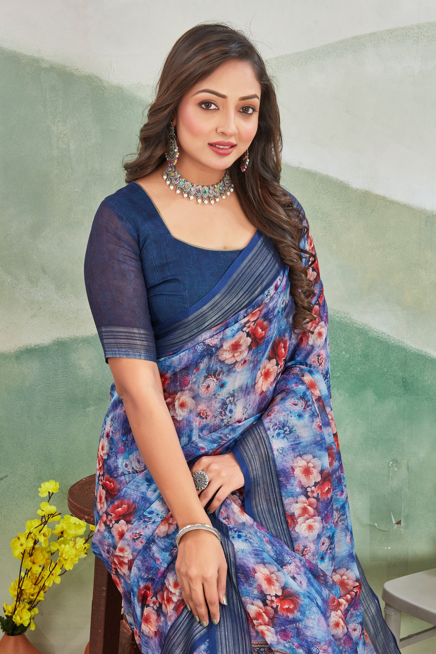 Blue Digital Printed Linen Saree