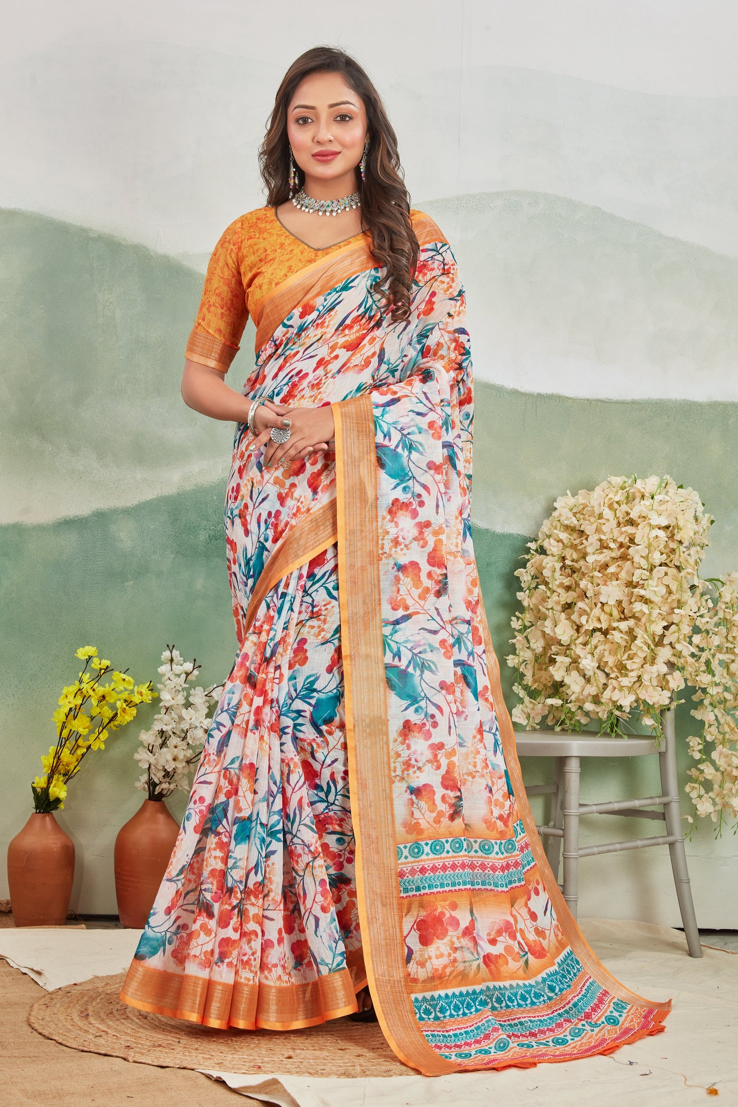 Heritage Inspired Printed Linen Saree Lightweight Traditional Look