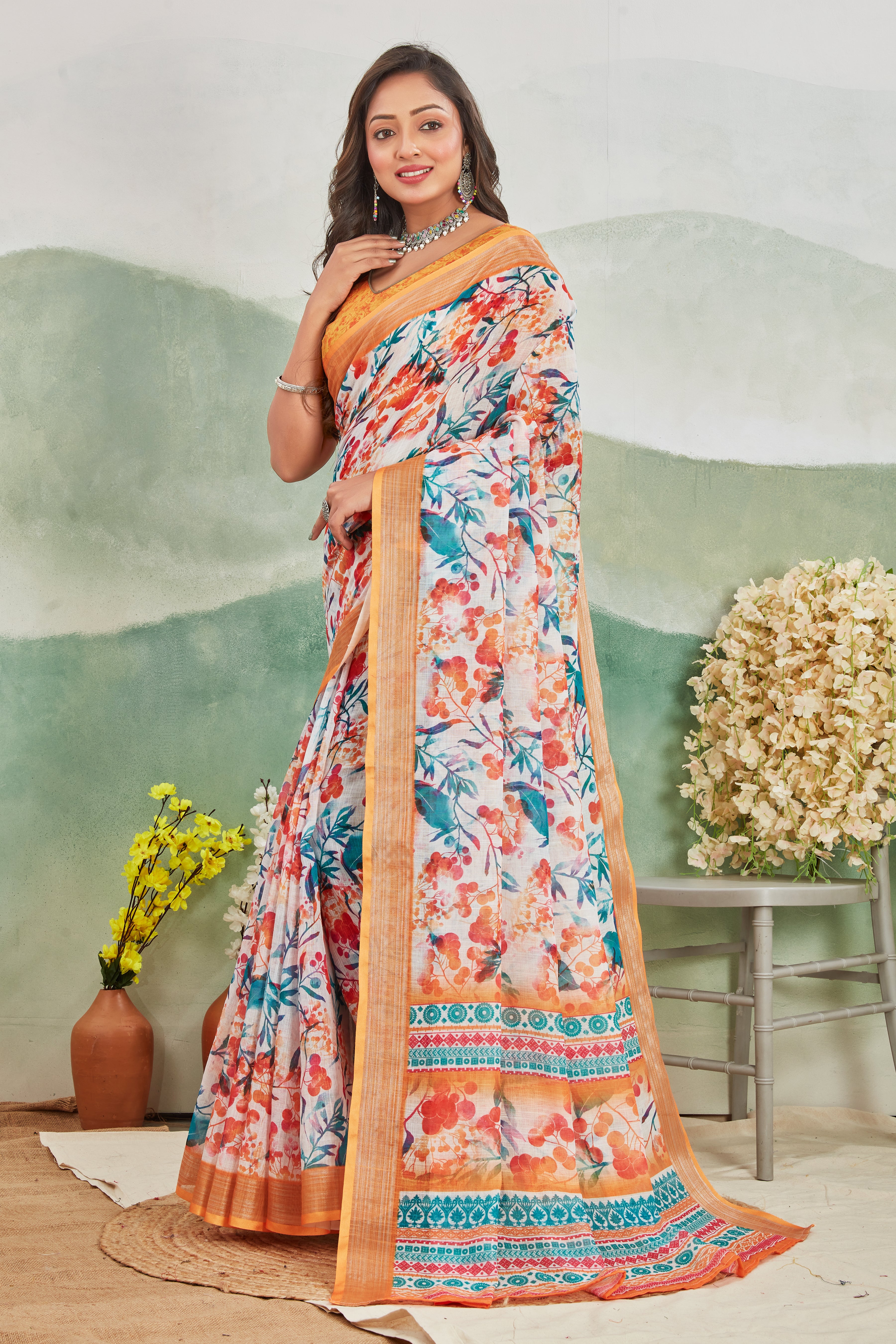 Pure Linen Saree For Every Occasion in Orange