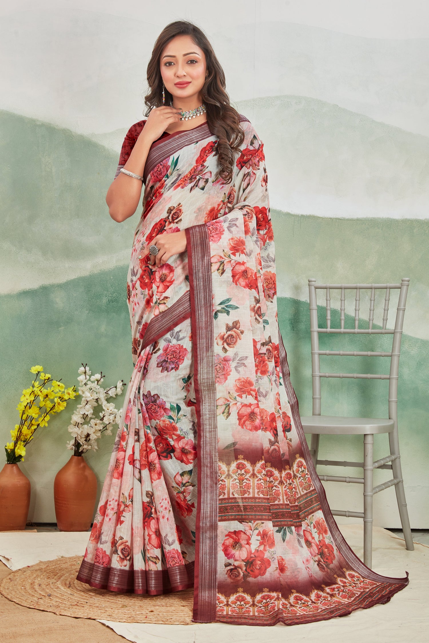 Classic Printed Linen Saree For Traditional And Festive Wear